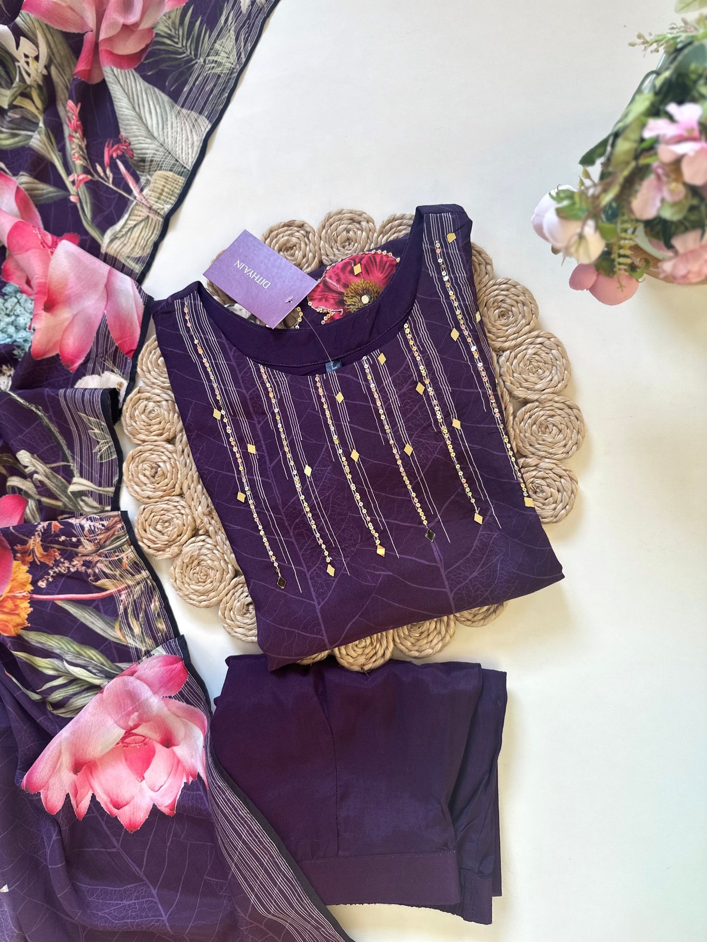 K431 - Crape floral straight Kurti with pants and dupatta