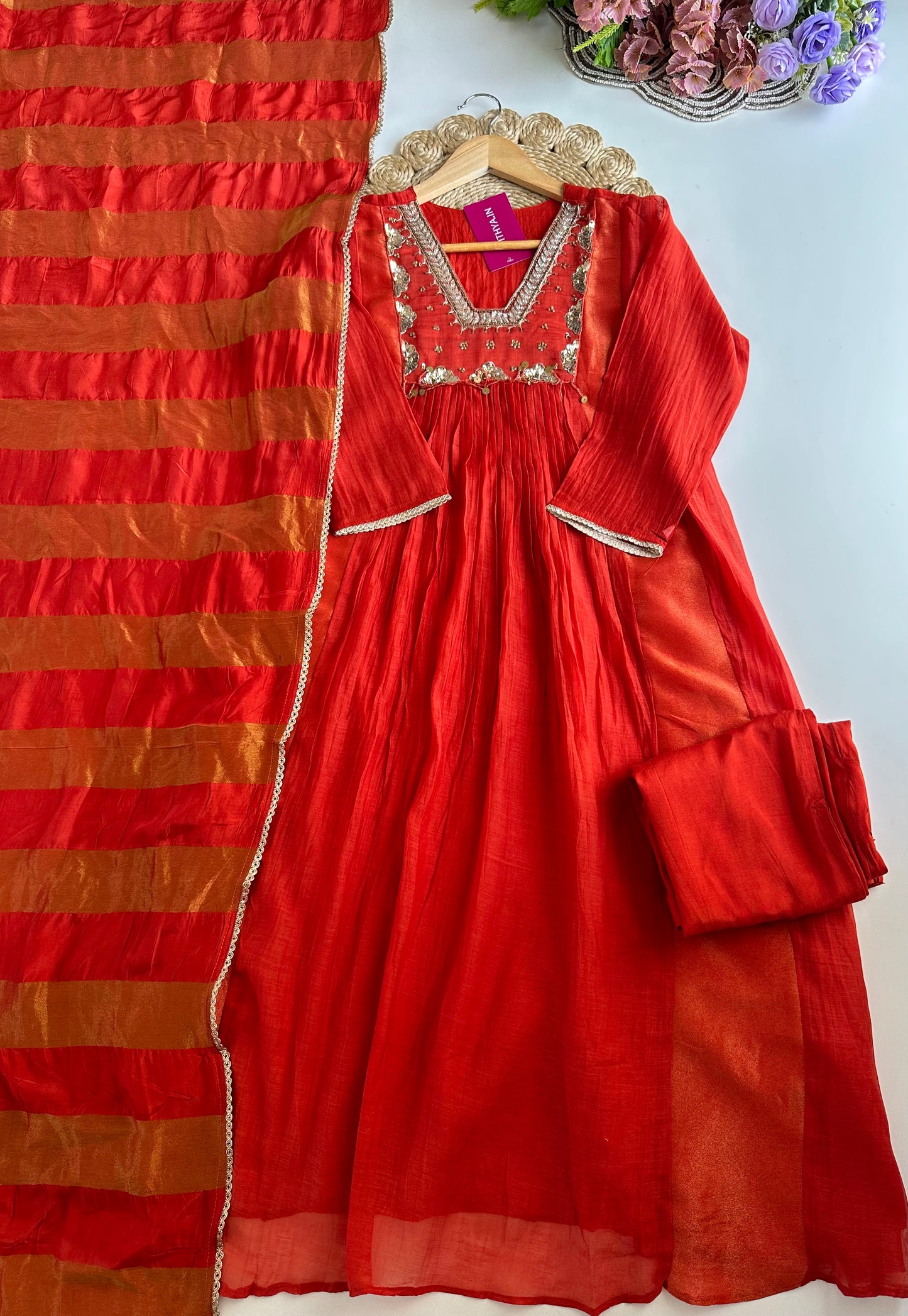 K405 - Mul Chanderi handwork Aline Kurti with pants and dupatta in 2 colours