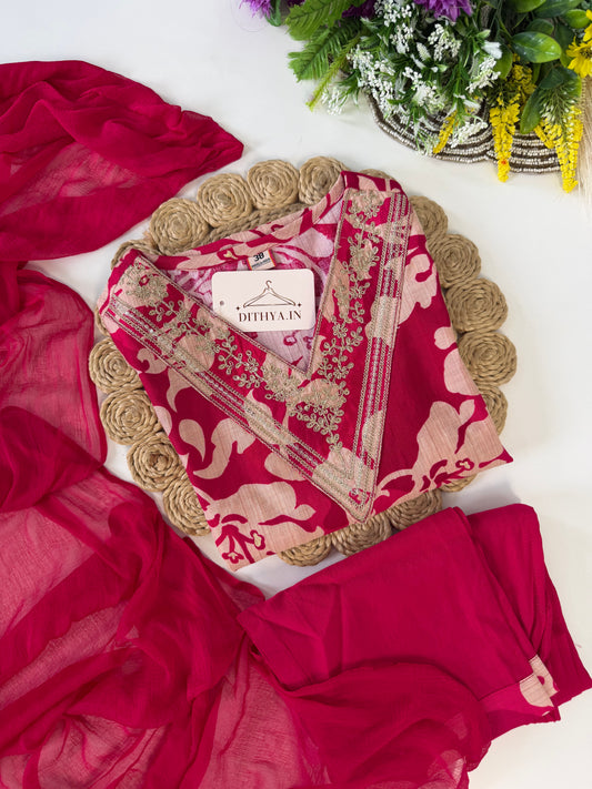 K544 - Roman silk embroidered straight Kurti with pants and dupatta