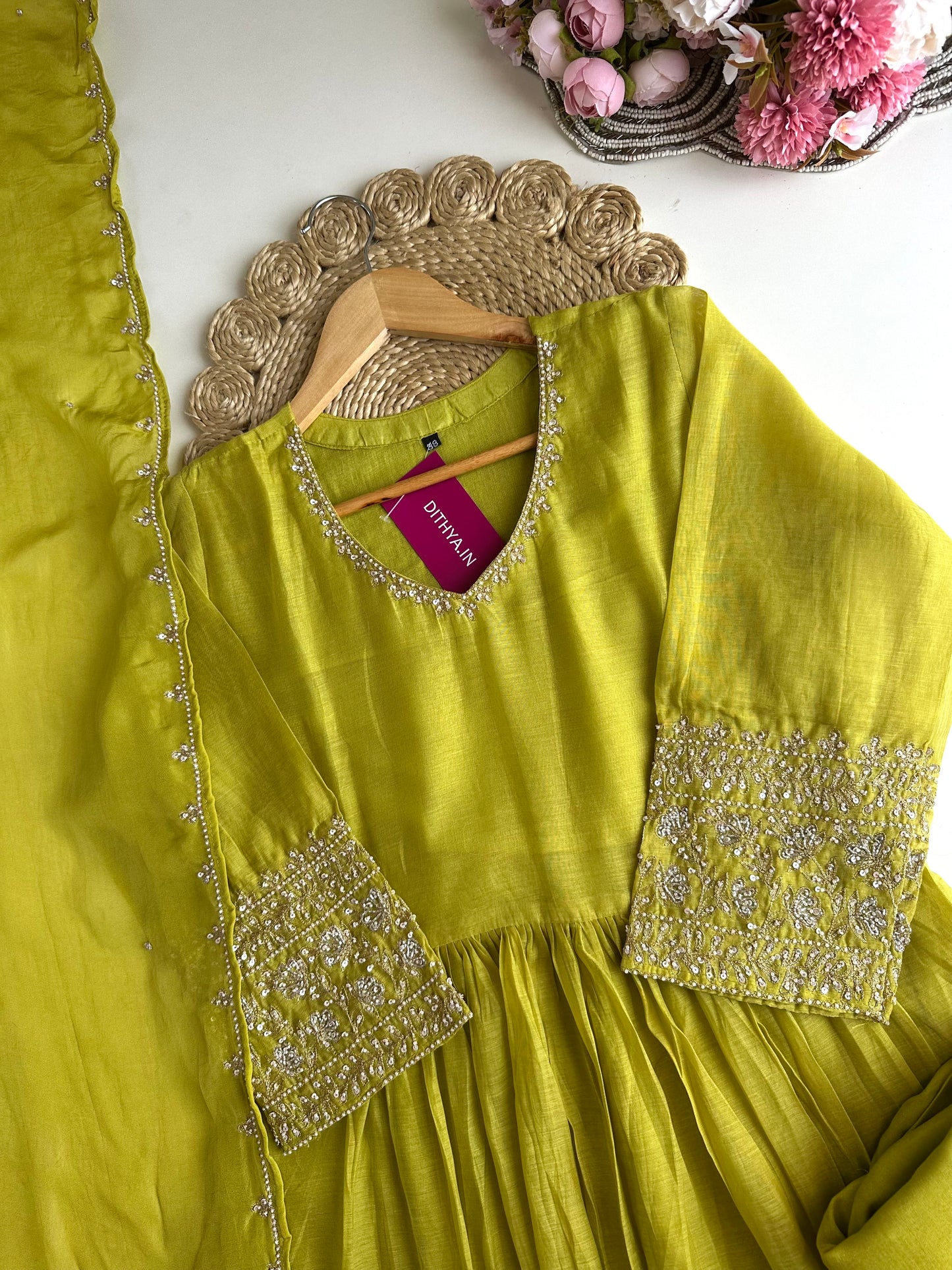 K358 - Mul Chanderi handwork Anarkali with pants and dupatta