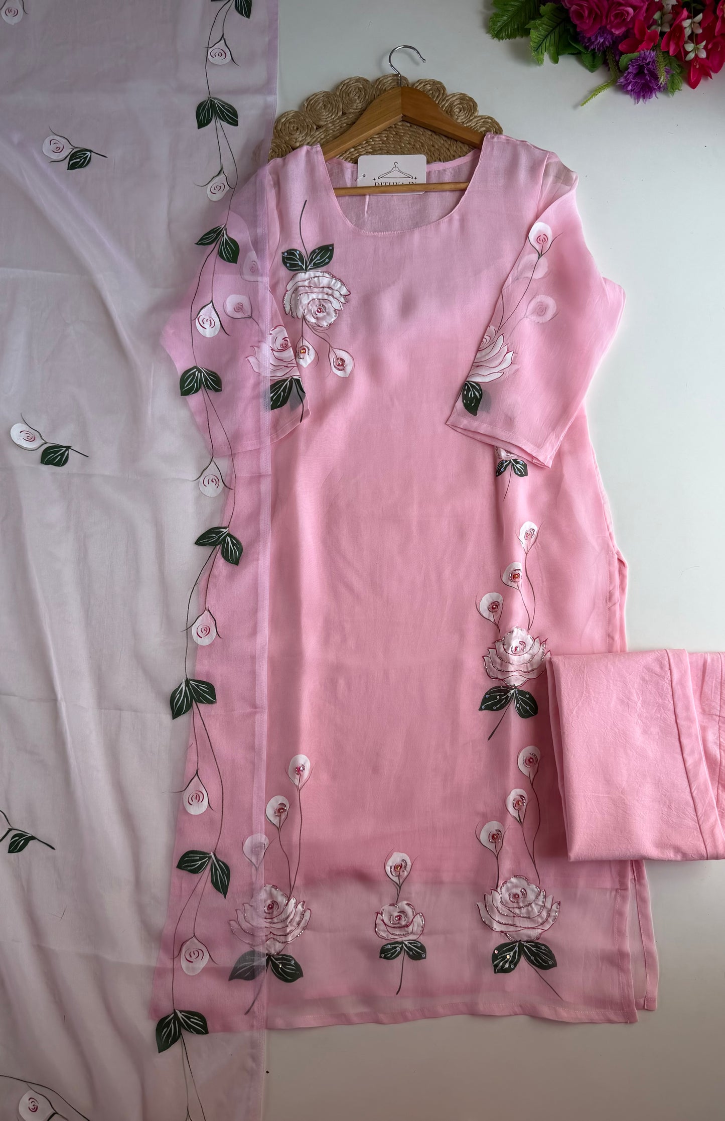 K195 - Viscose organza hand painted straight Kurti with pants and dupatta
