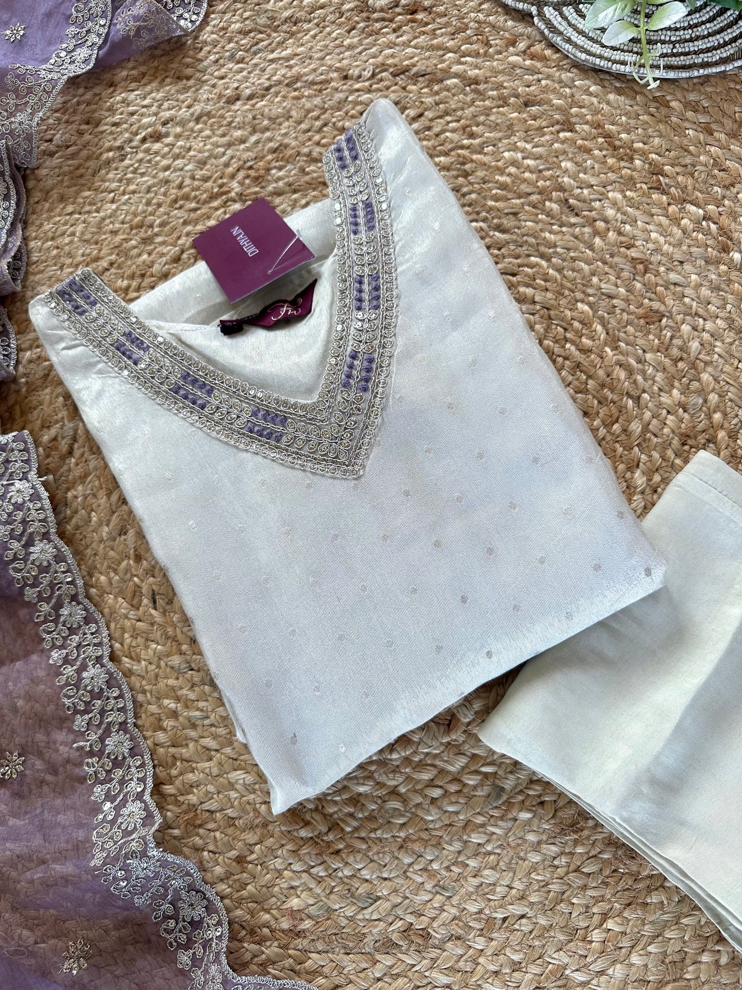 K054 - Tissue silk self weaving straight kurti with pants and dupatta.