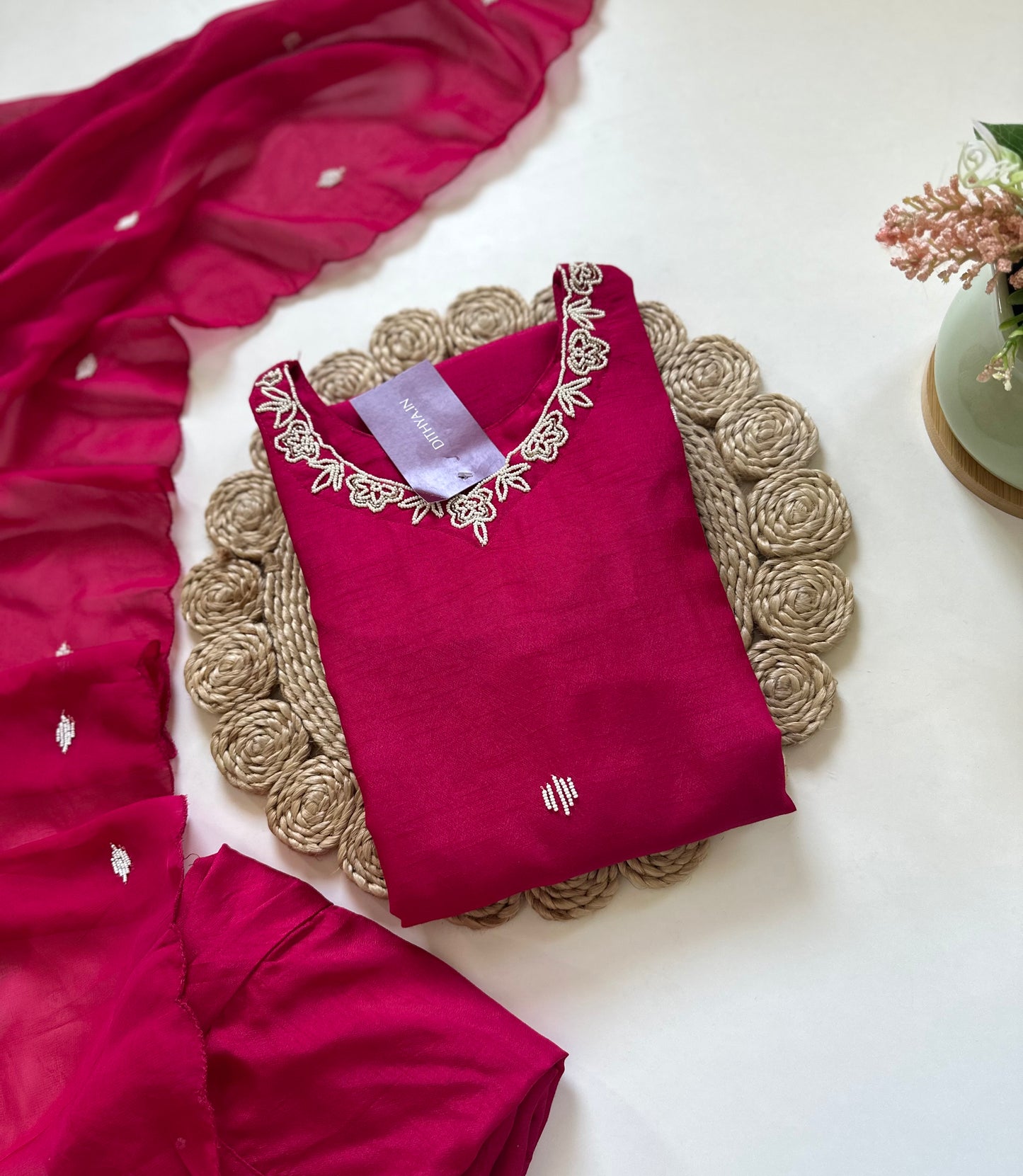 K202 - Russian silk pearl work straight kurti with pants and dupatta