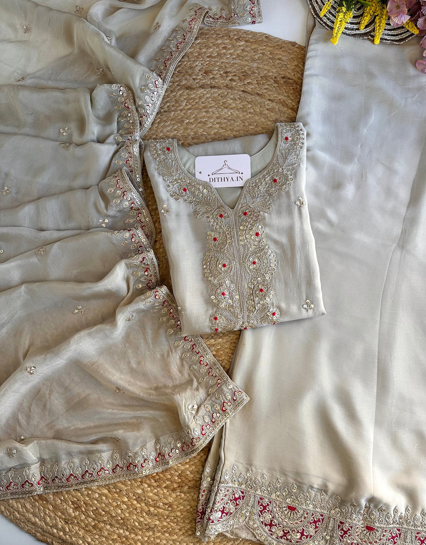 K435 - Chinnon zari work short Kurti with palazzo and dupatta