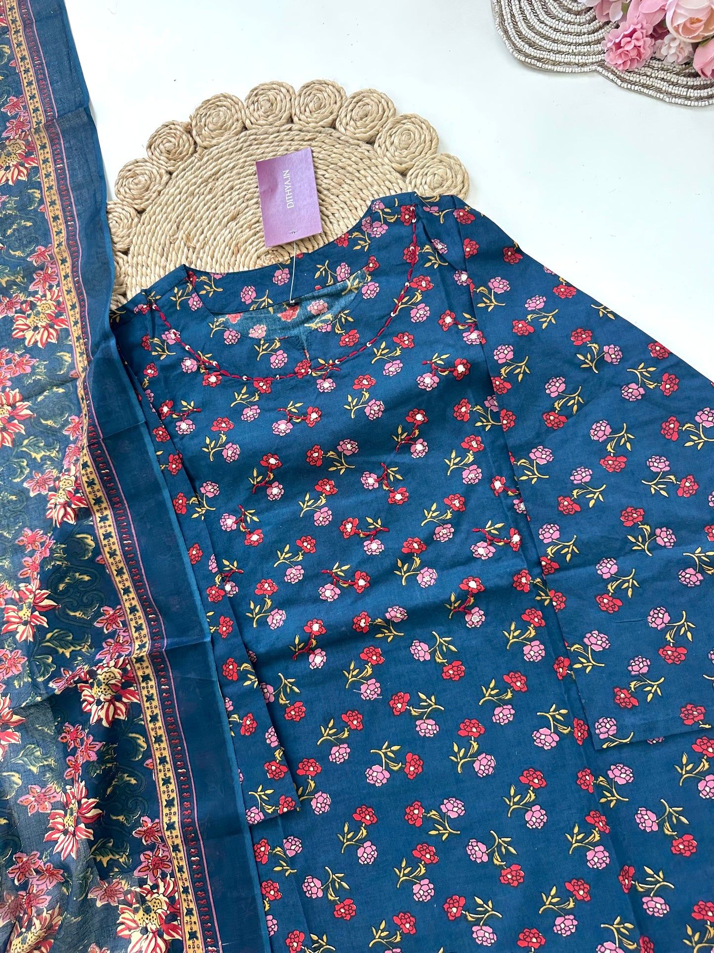 K216 - Cotton Straight kurti with pants and dupatta.