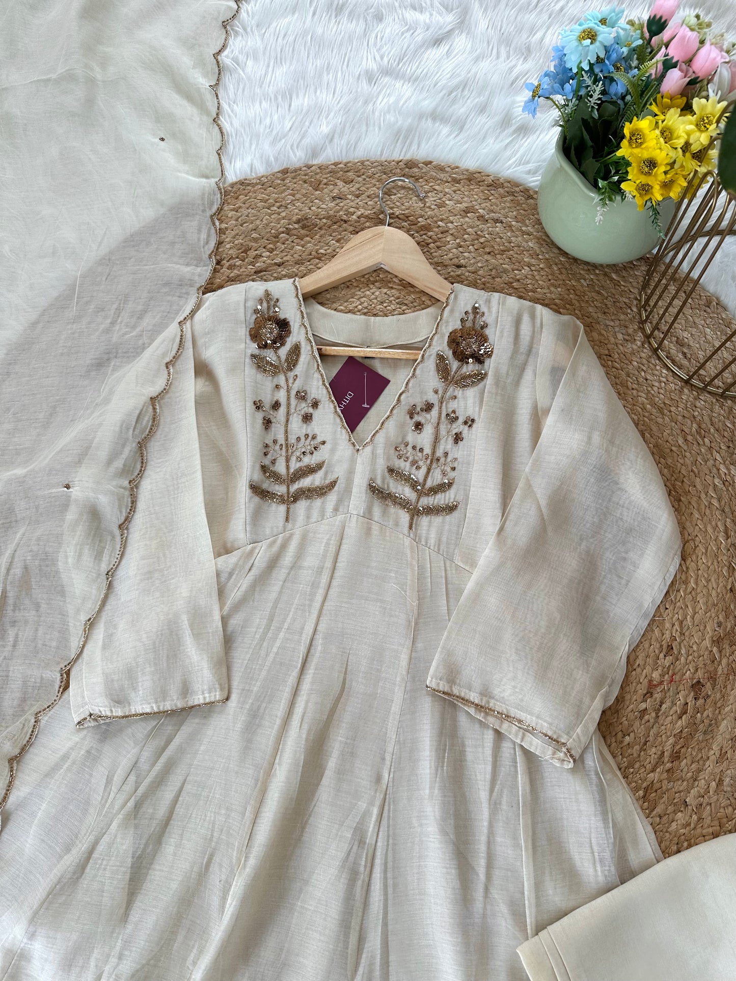 K181 - Zardosi Work Mul Chanderi Aline Kurti with pants and dupatta .