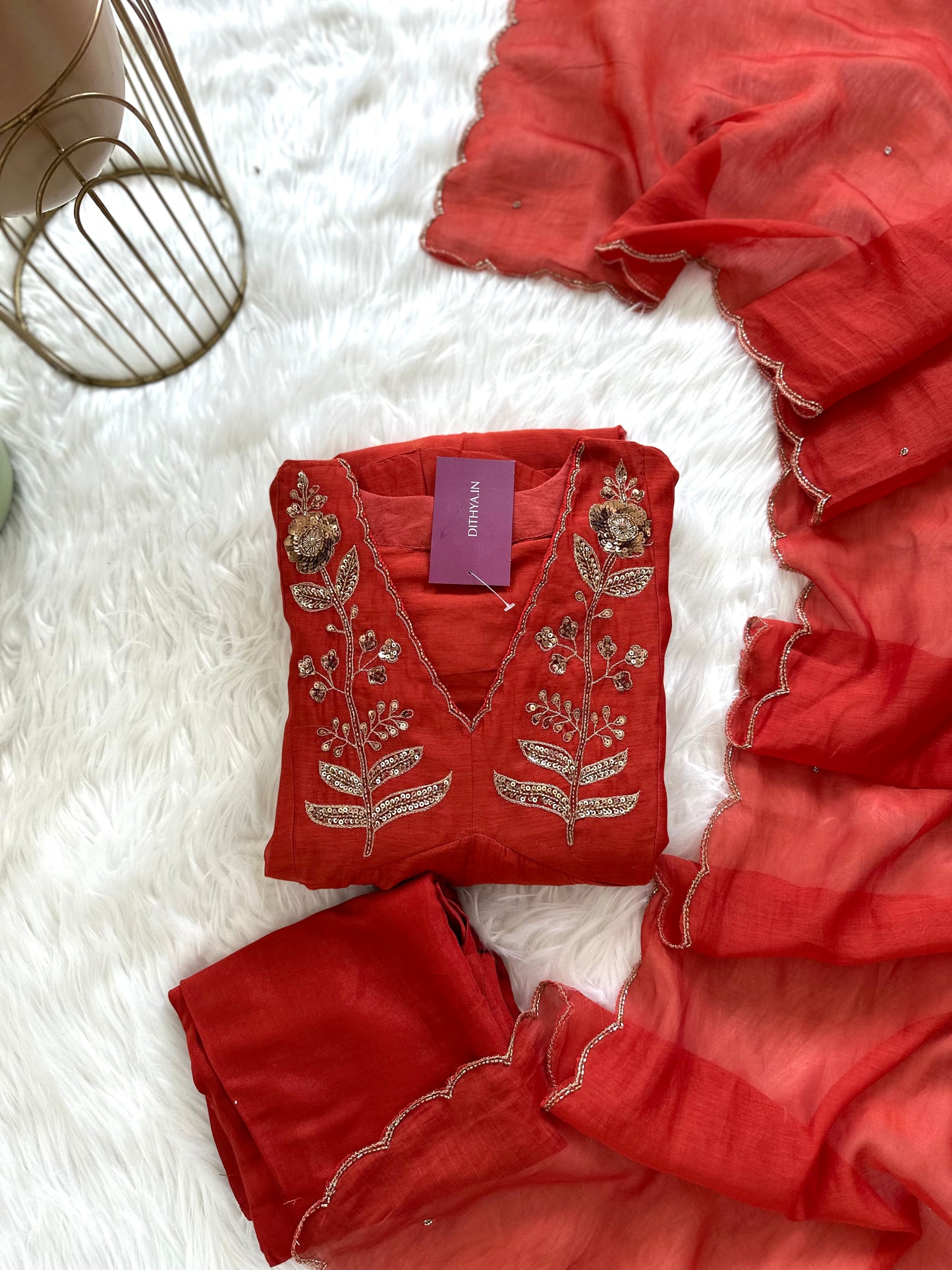 K181 - Zardosi Work Mul Chanderi Aline Kurti with pants and dupatta .