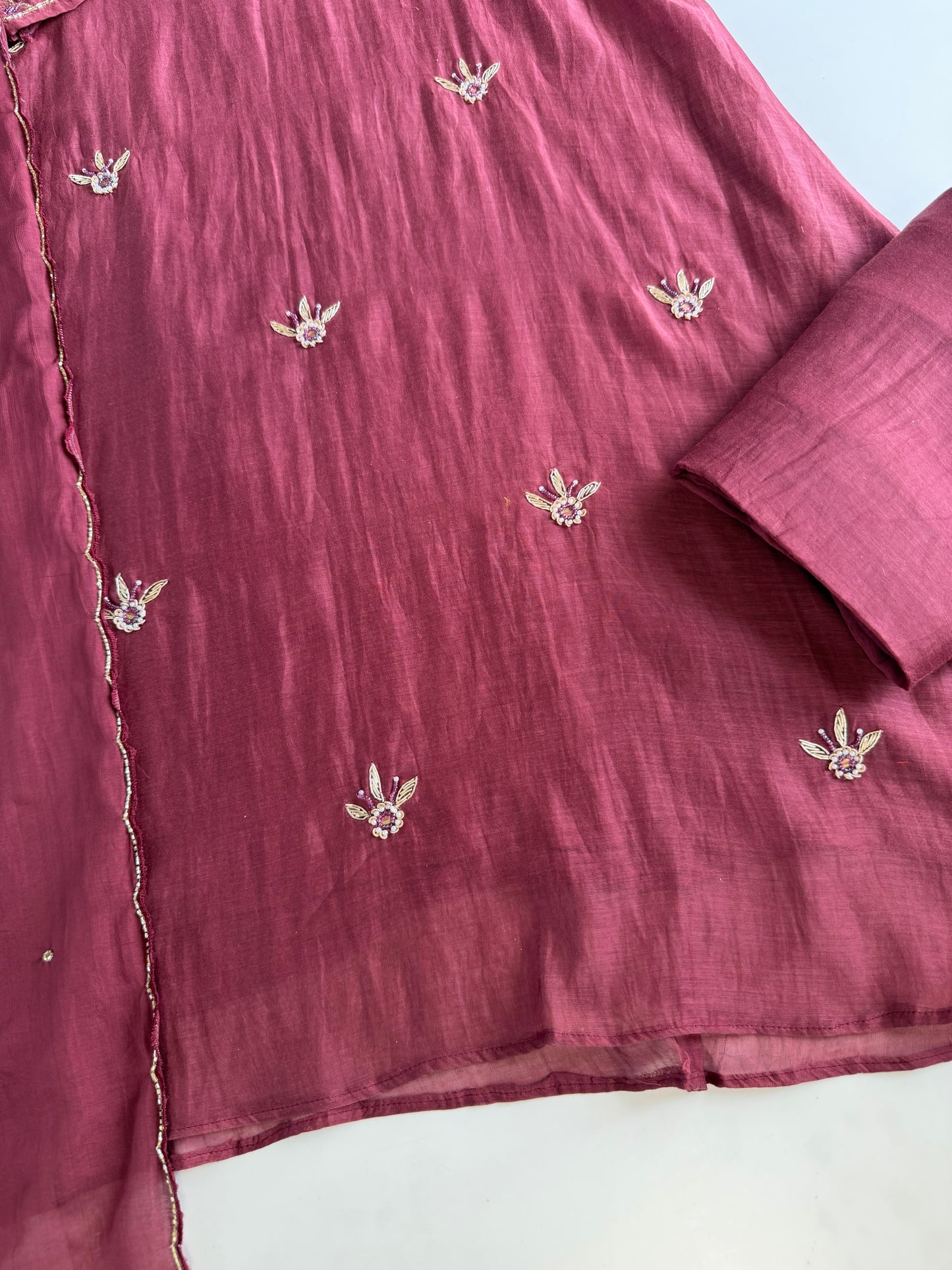 K453 - Mul chanderi handwork aline Kurti with pants and dupatta