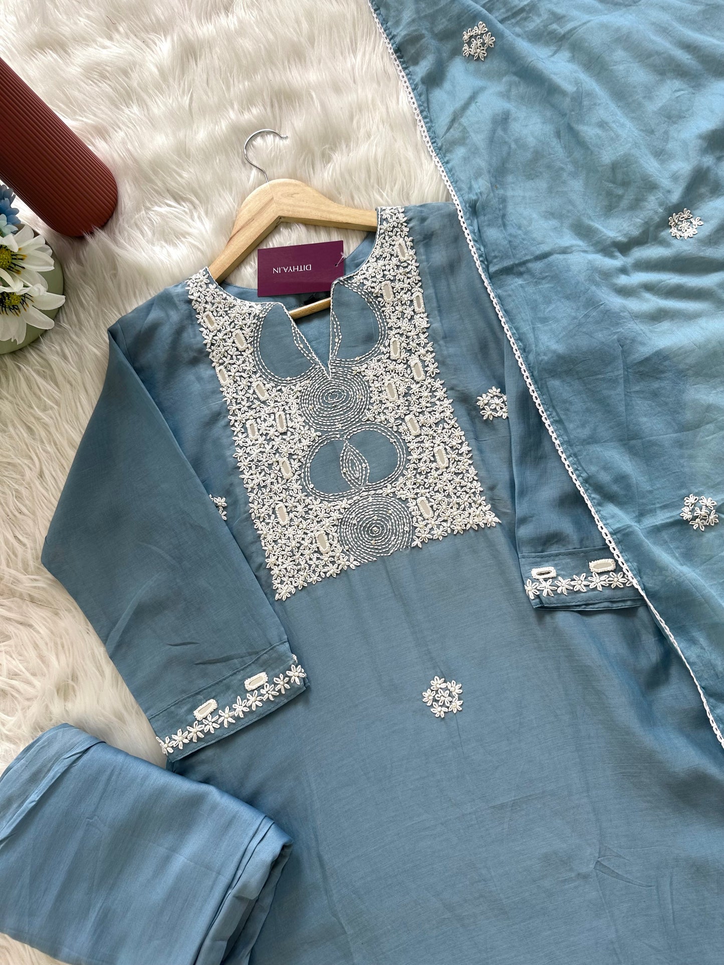 K410 - Mul Chanderi handwork Aline Kurti with pants and dupatta in 2 colours