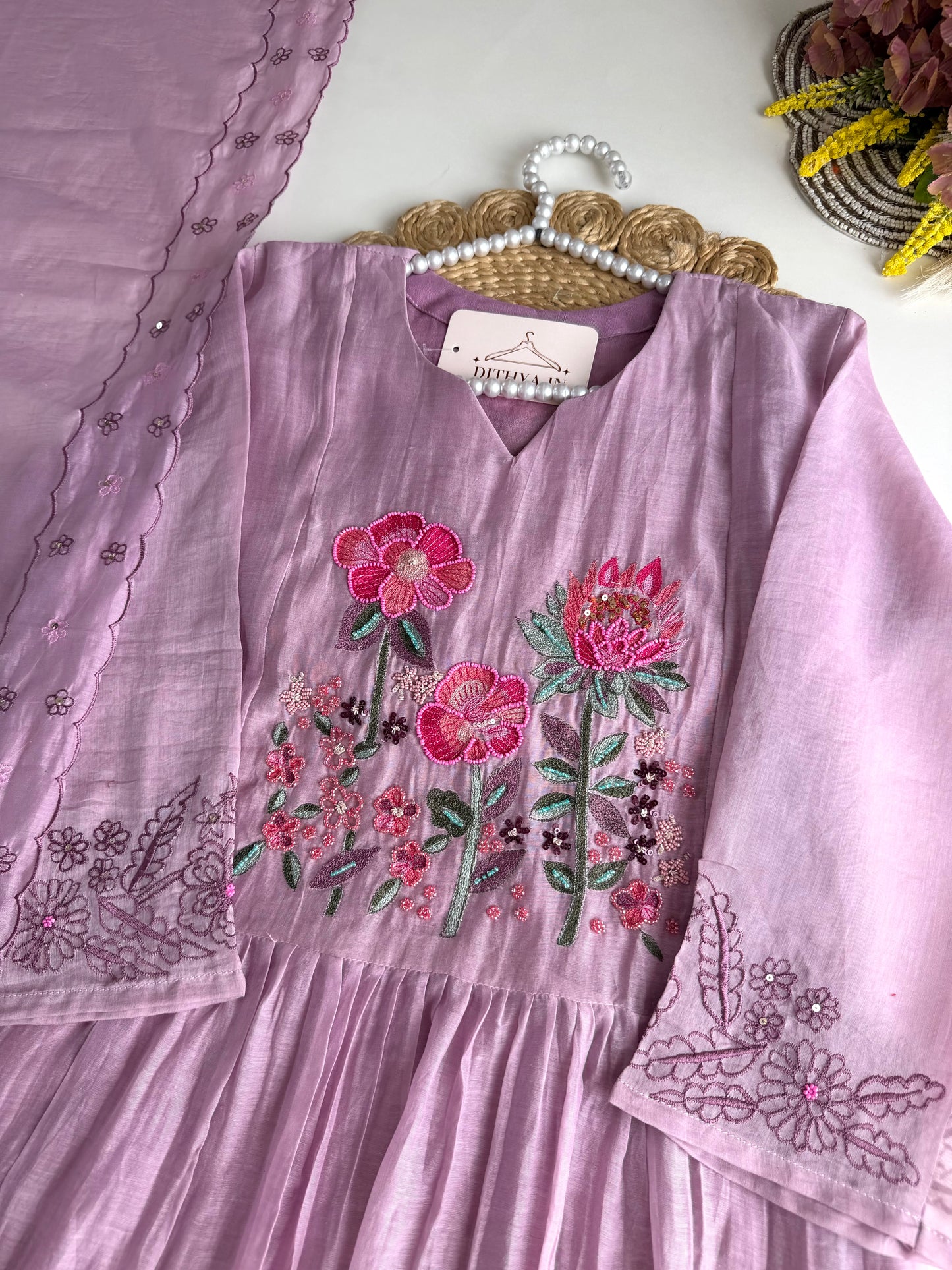 K478 - Mul chanderi handwork Anarkali with pants and dupatta