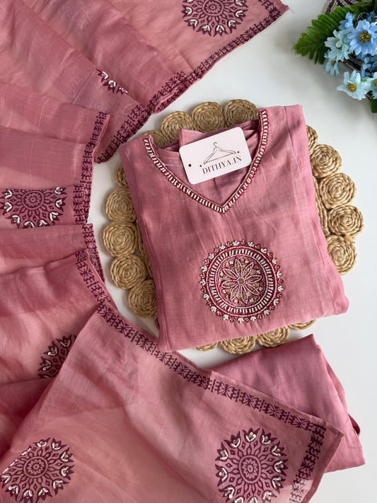 K560 - Mul chanderi Handwork Aline Kurti with pants and dupatta