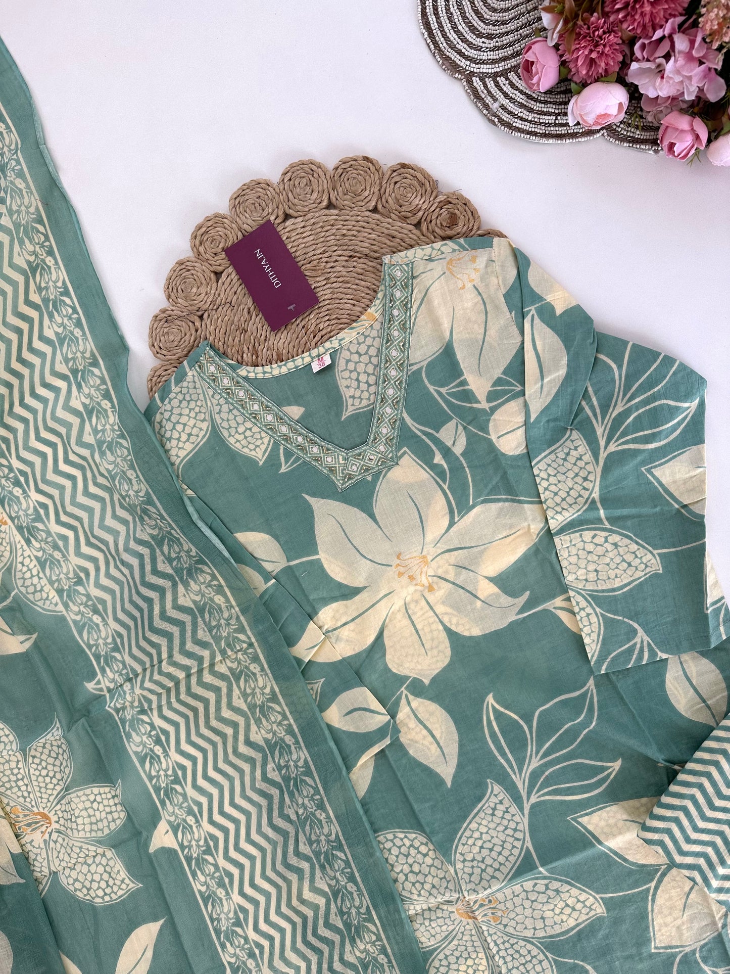 K279 - Cotton printed straight Kurti with pants and dupatta
