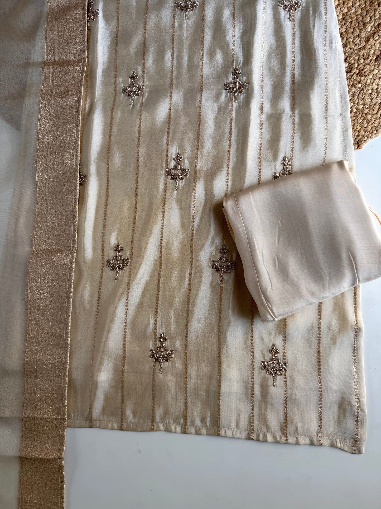 K092 - Tissue silk handwork straight Kurti with pants and dupatta