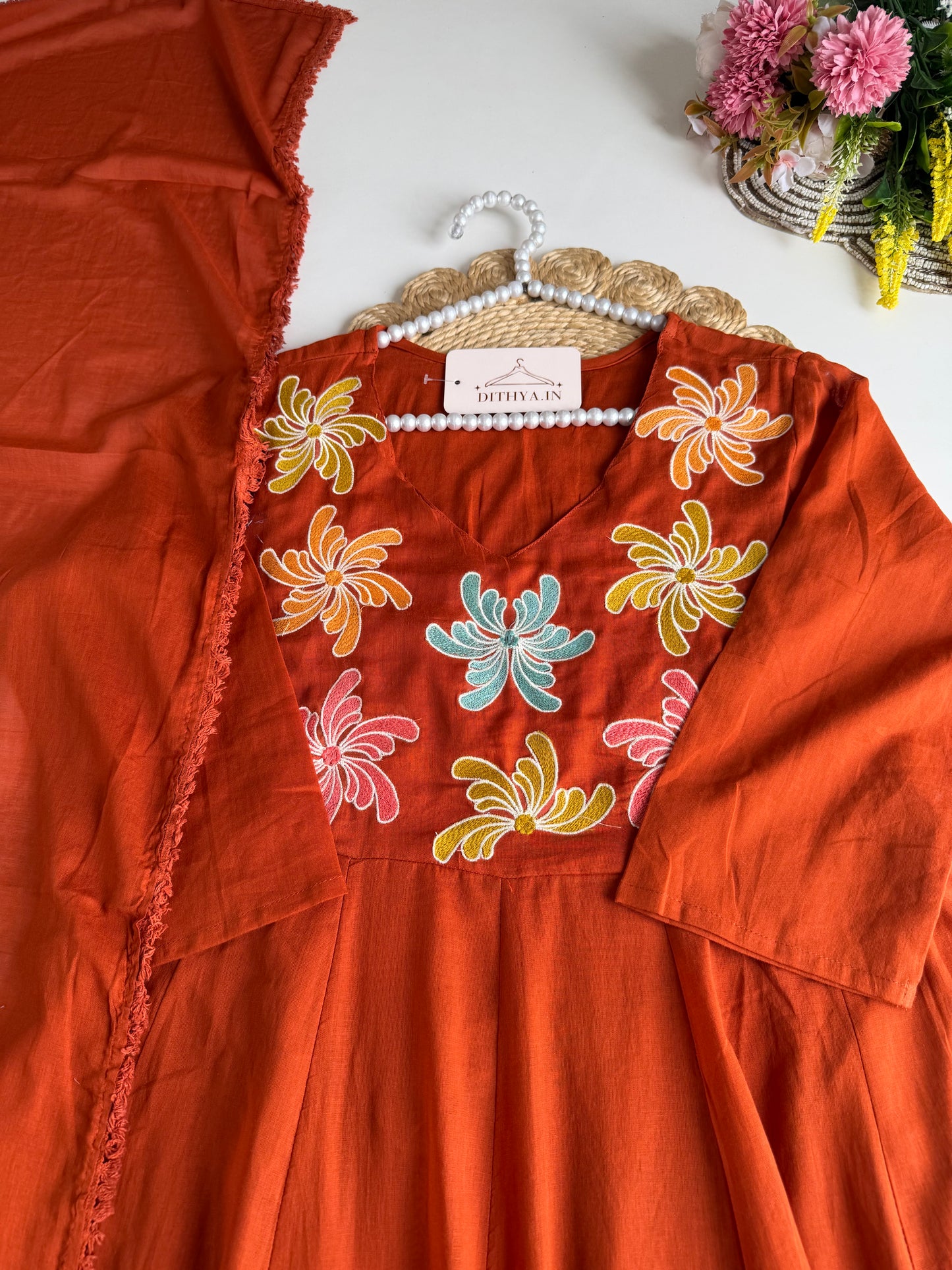 K667 - Mul cotton embroidered Anarkali with pants and dupatta