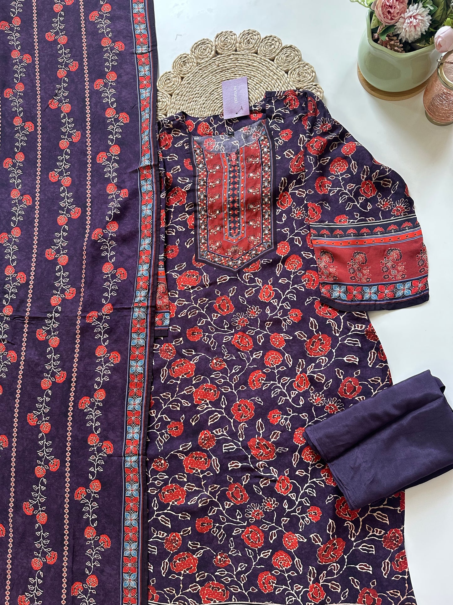 K081 - Muslin silk printed Straight kurti with pants and dupatta .