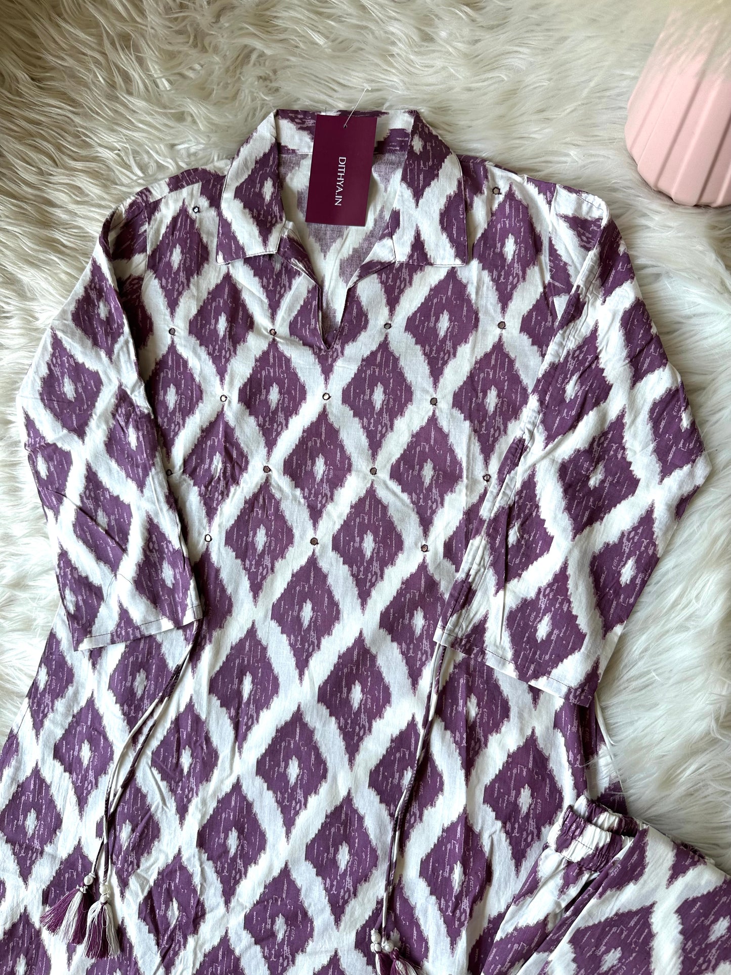 K214 - Mulmul cotton printed Aline Kurti with pants in 2 prints