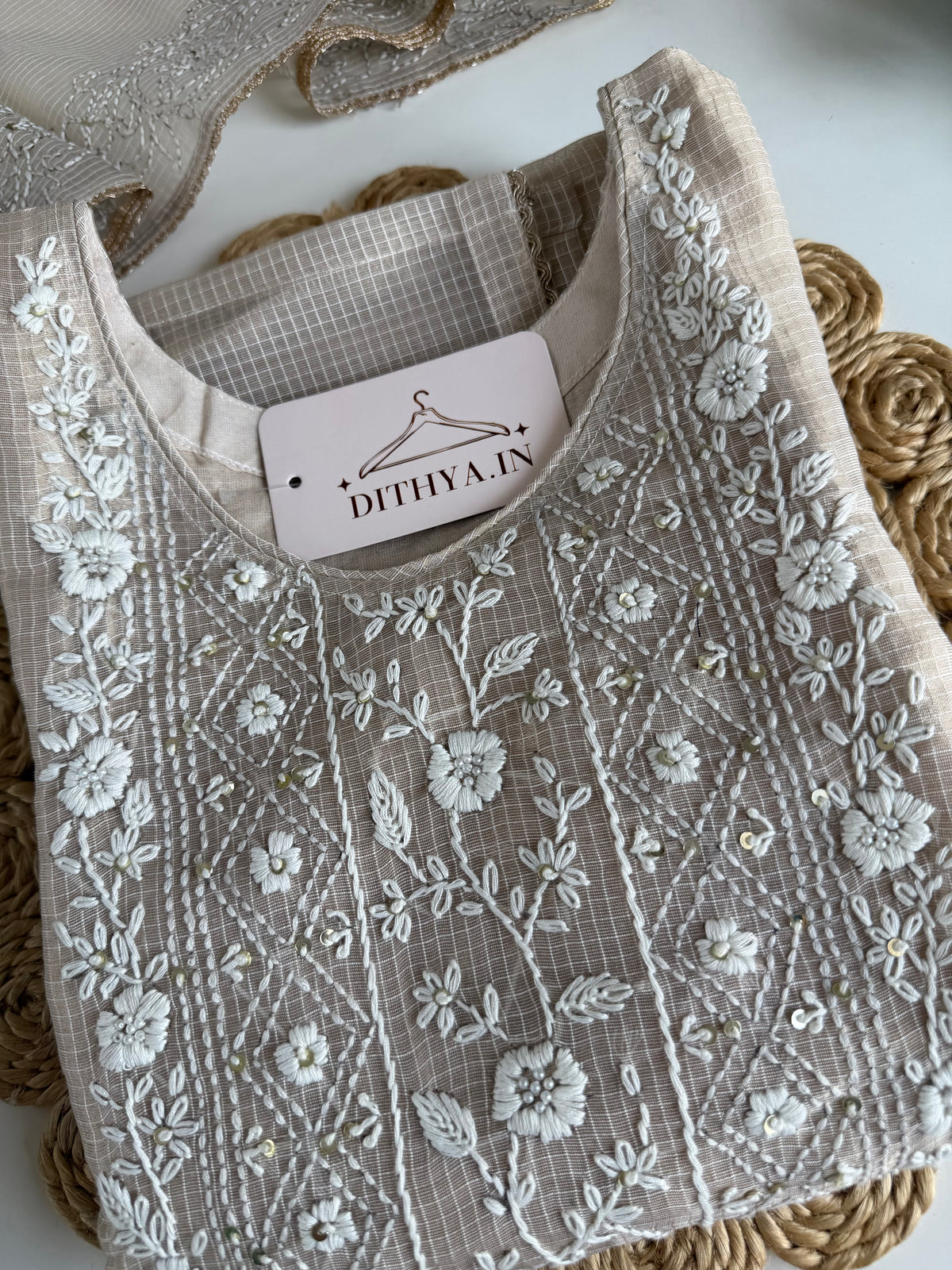 K107 - Chanderi tissue silk embroidered straight Kurti with pants and dupatta in 2 colours