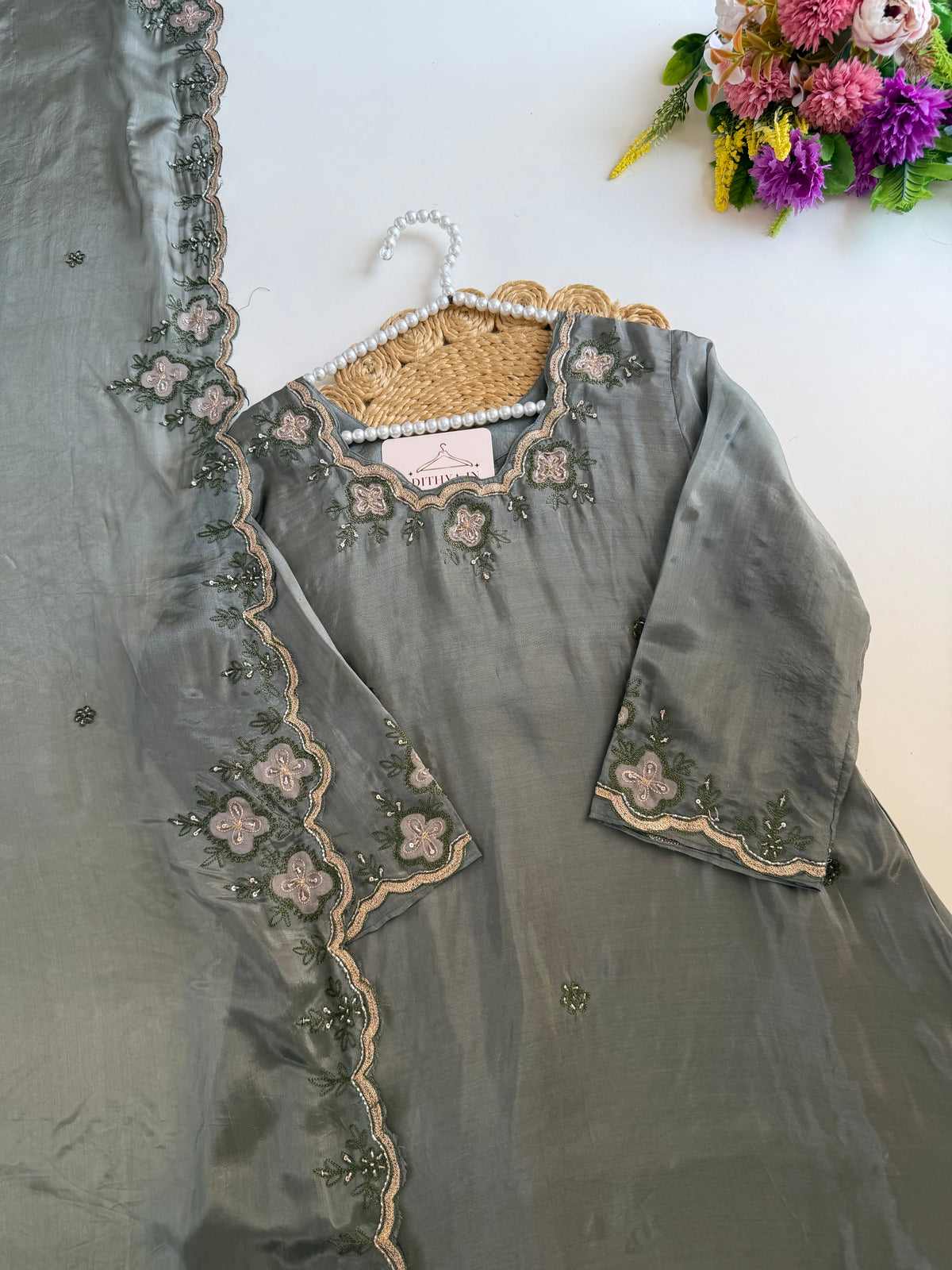 K191 - HO silk handwork aline Kurti with pants and dupatta