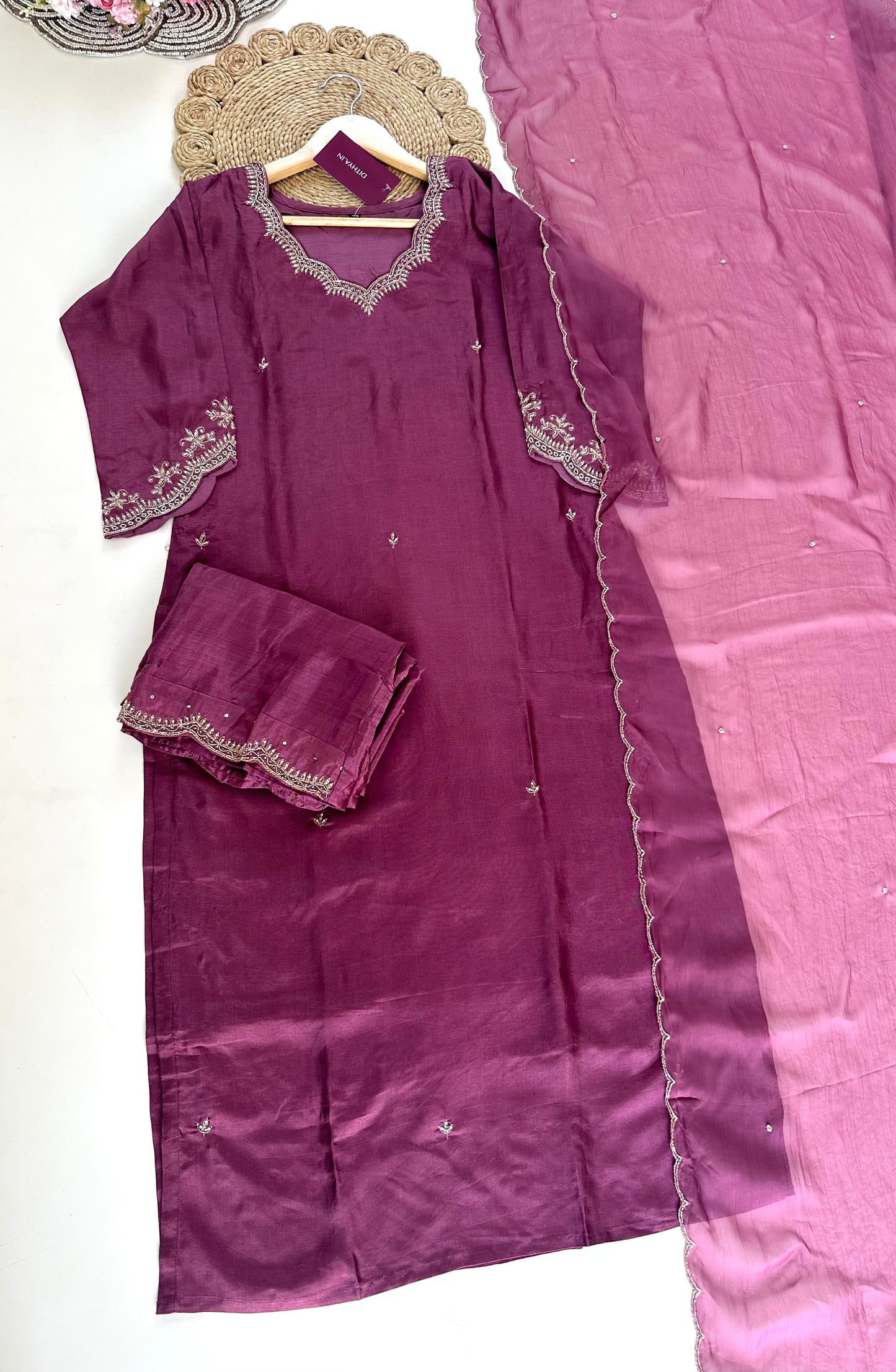 K254 - Russian silk Zardosi work straight kurti with palazzo and dupatta .