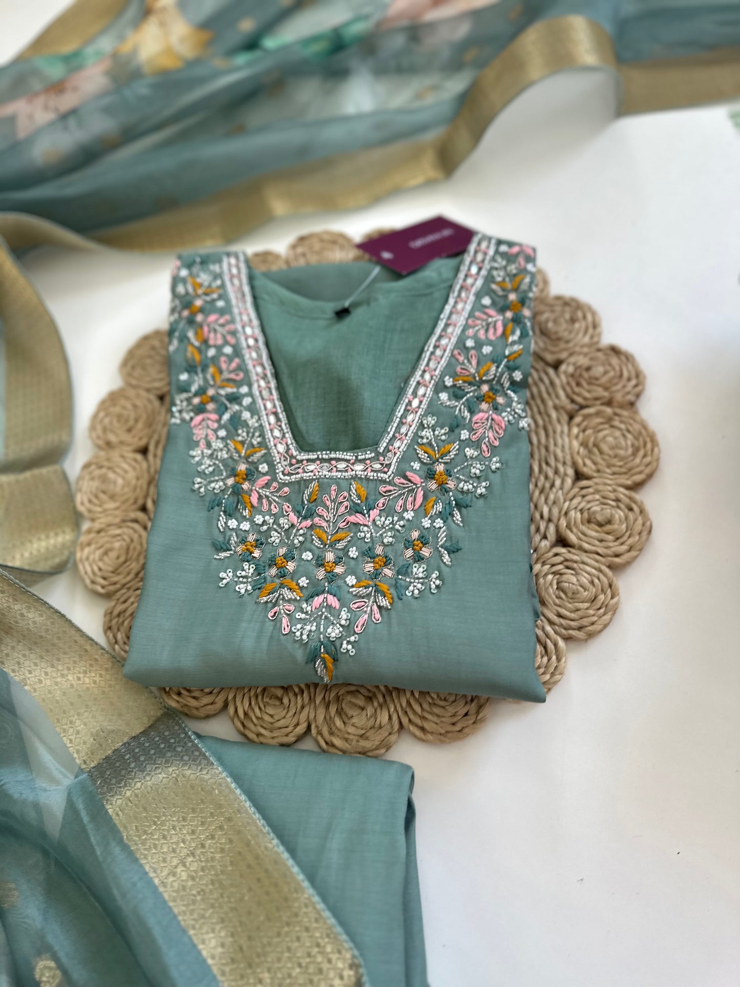 K217 - Modal silk Handwork straight kurti with pants and dupatta in 2 colours .