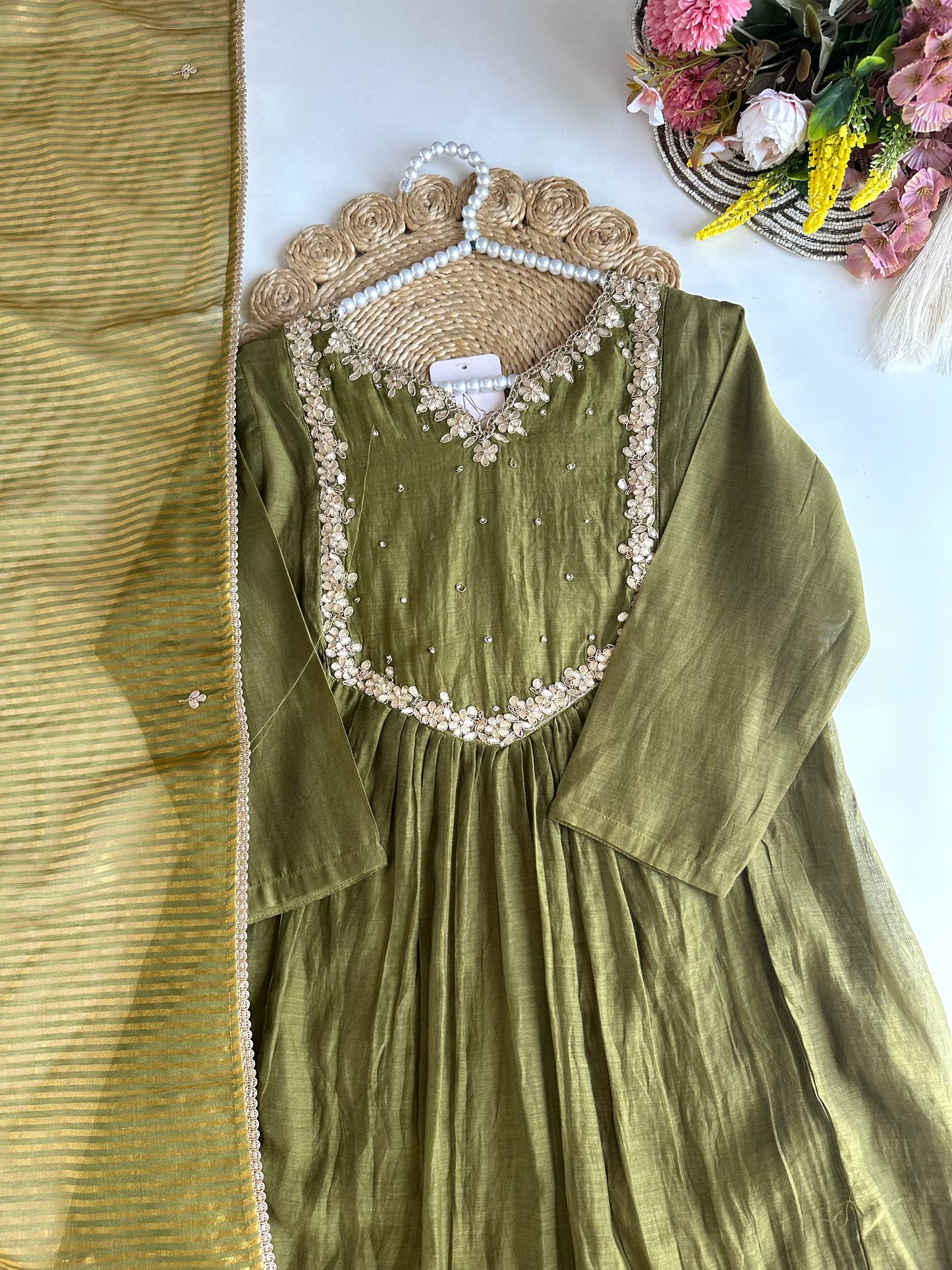 K252 - Mul Chanderi Handwork Anarkali with pants and dupatta