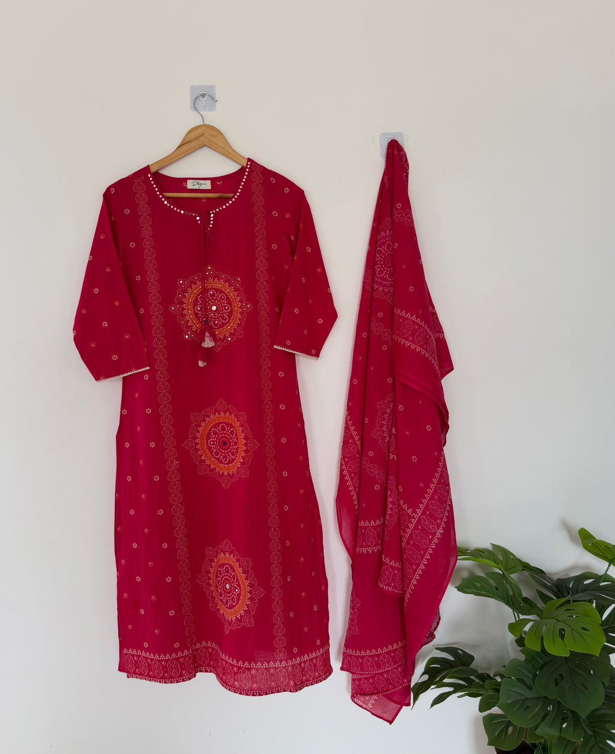 K097 - Mul cotton printed embroidered Aline Kurti with pants and dupatta