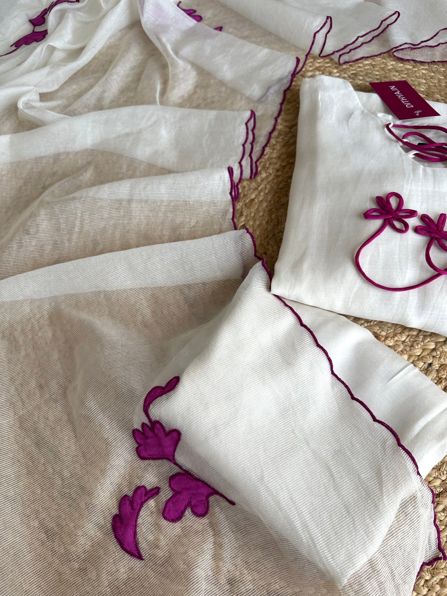 K109 - Mul Chanderi appliqué work Aline Kurti with pants and dupatta