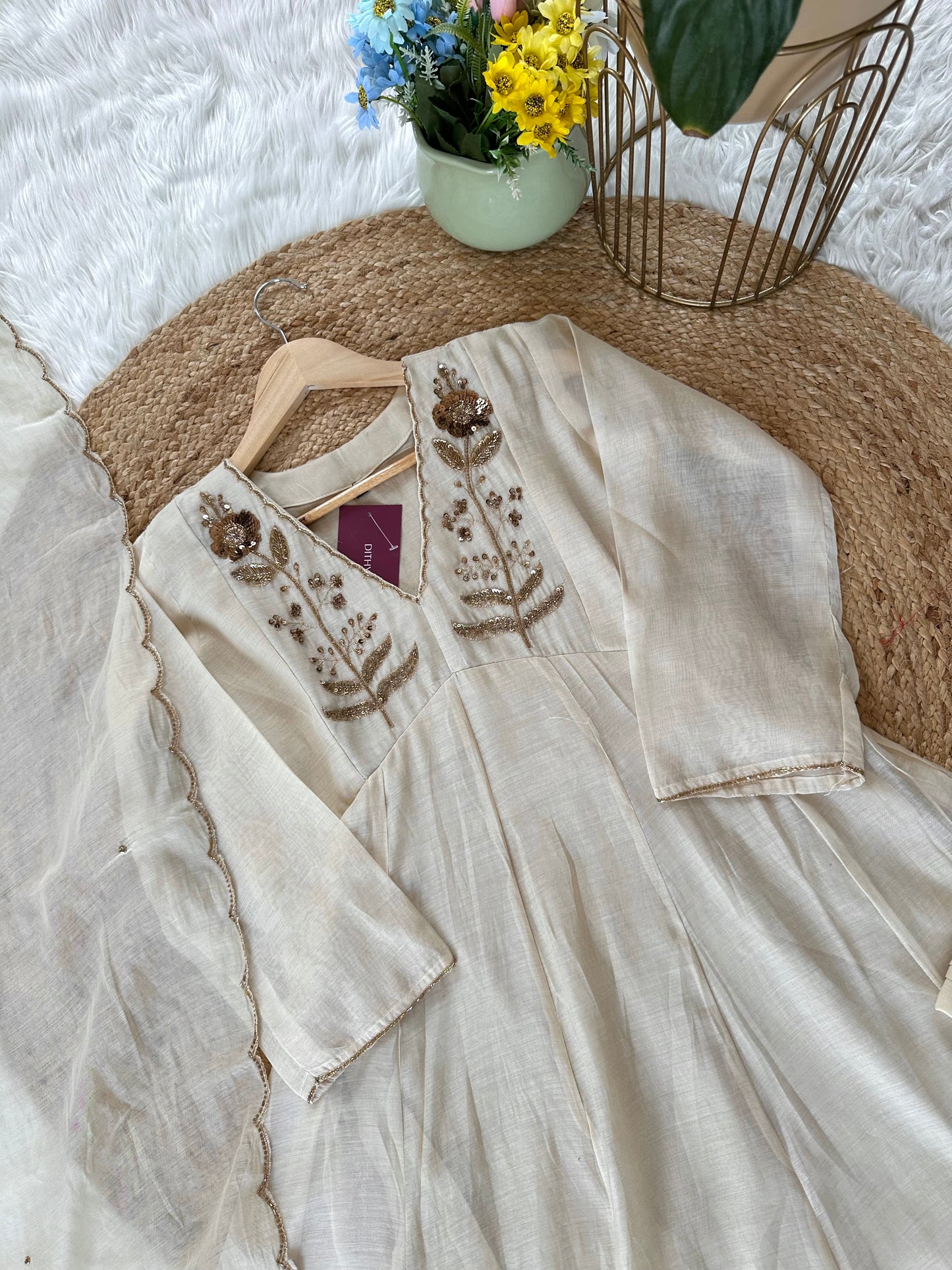 K181 - Zardosi Work Mul Chanderi Aline Kurti with pants and dupatta .