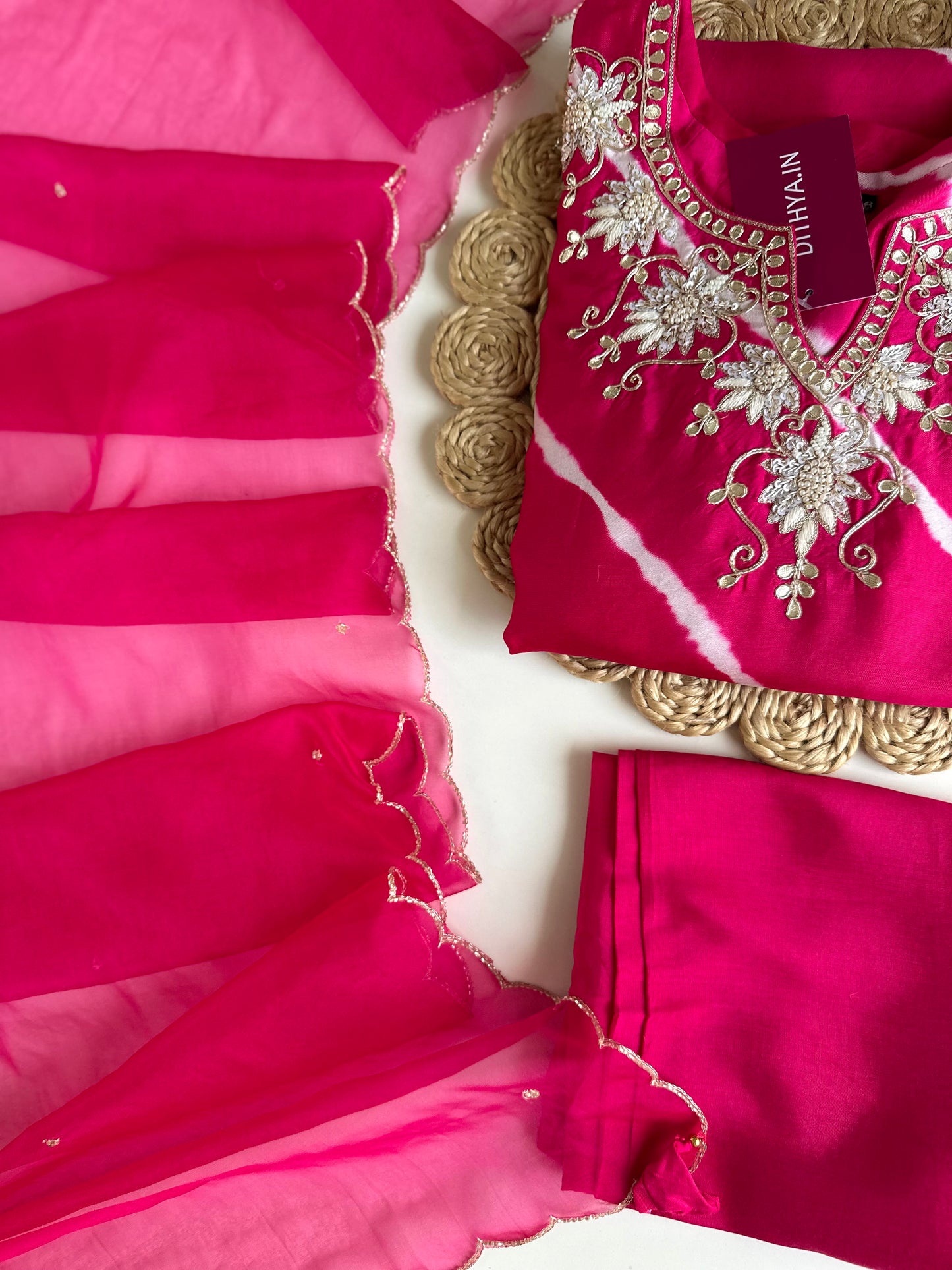 K016 - Russian silk leheriya handwork Straight Kurti with pants and dupatta in 2 styles