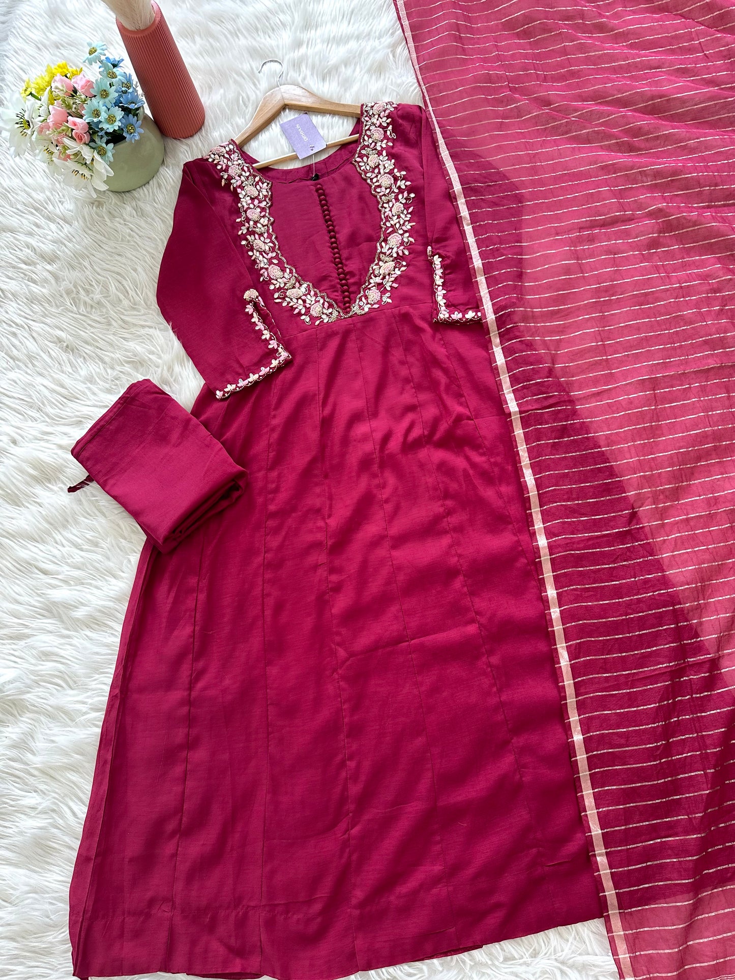 K235 - Mul chanderi handwork Aline Kurti with pants and dupatta