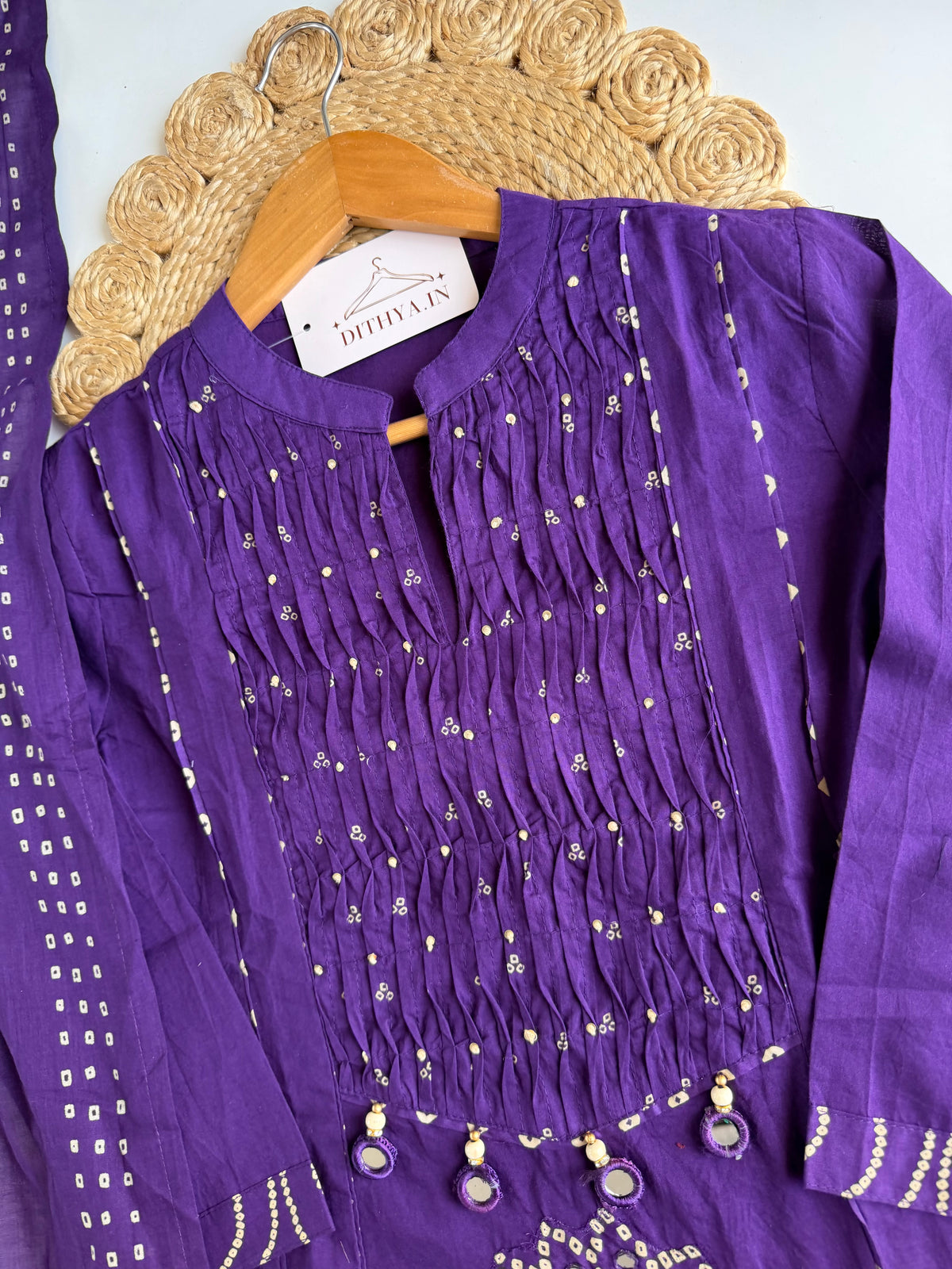K273 - Mul cotton mirror work Anarkali with pants and dupatta in 4 colours
