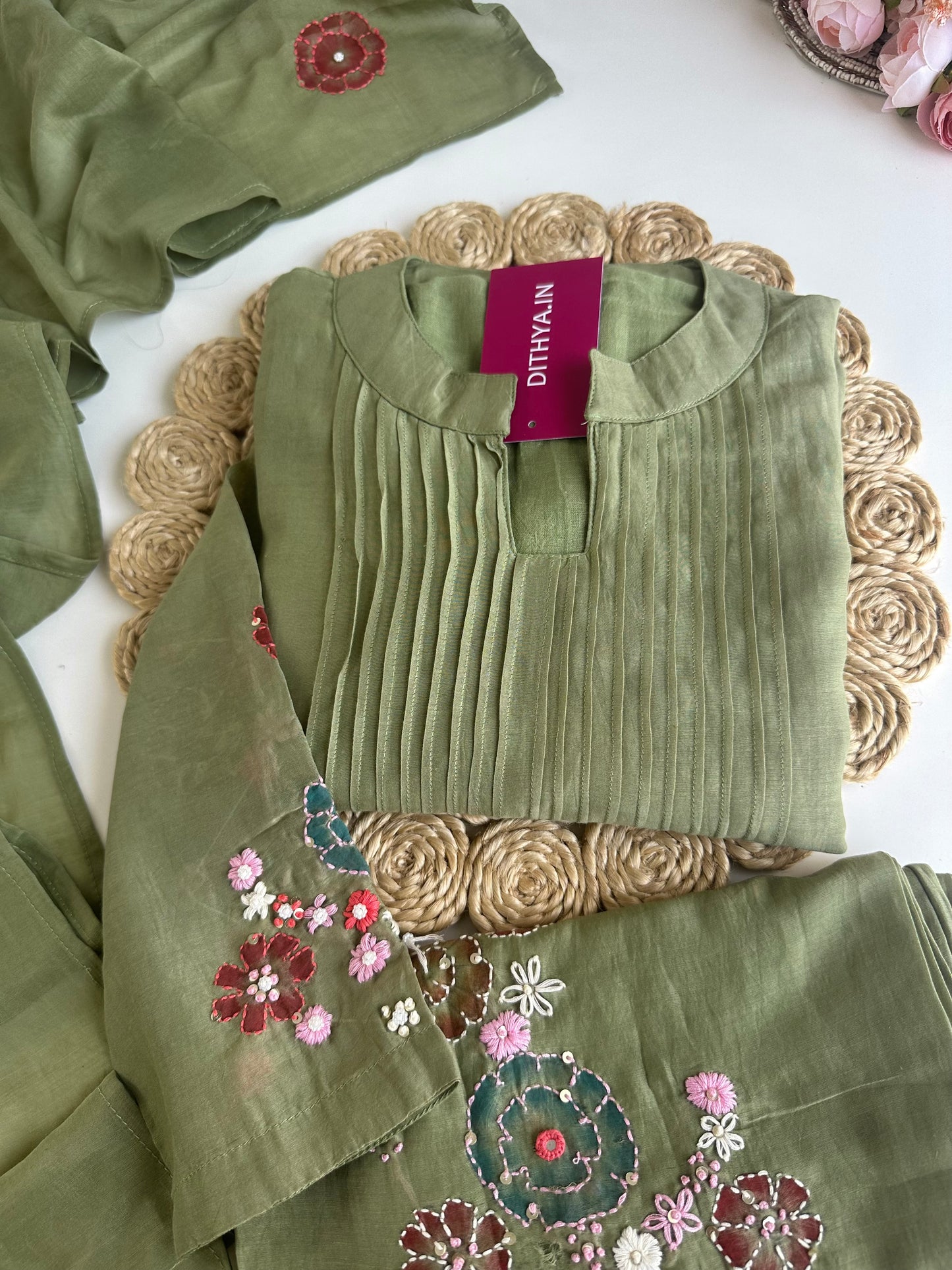 K423 - Mul Chanderi embroidered Aline Kurti with pants and dupatta