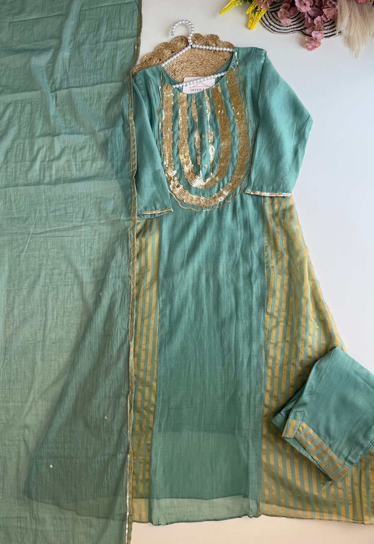 K342 - Mul Chanderi handwork Anarkali with pants and dupatta