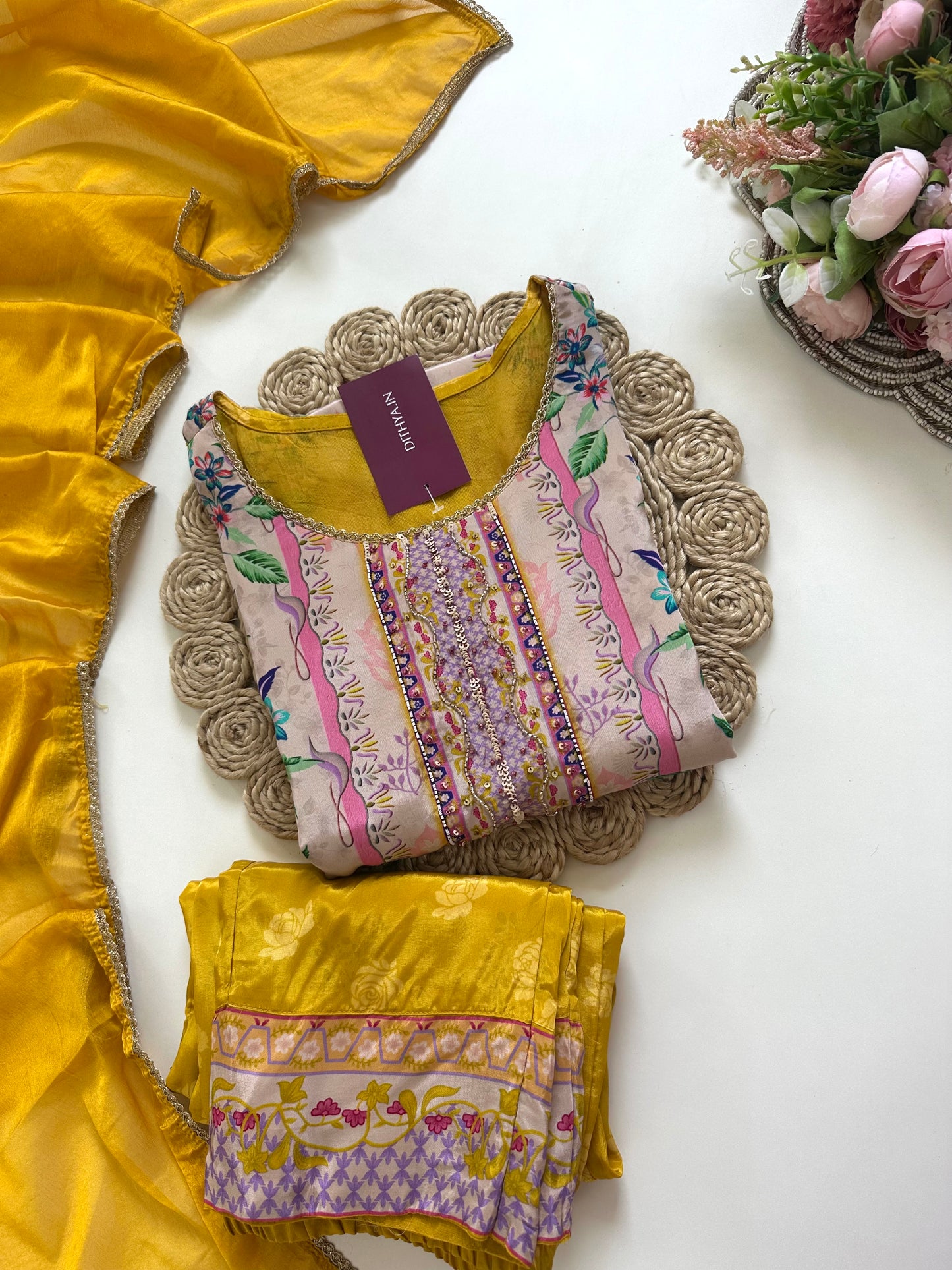 K070 - Pure crepe floral printed Aline Kurti with pants and dupatta