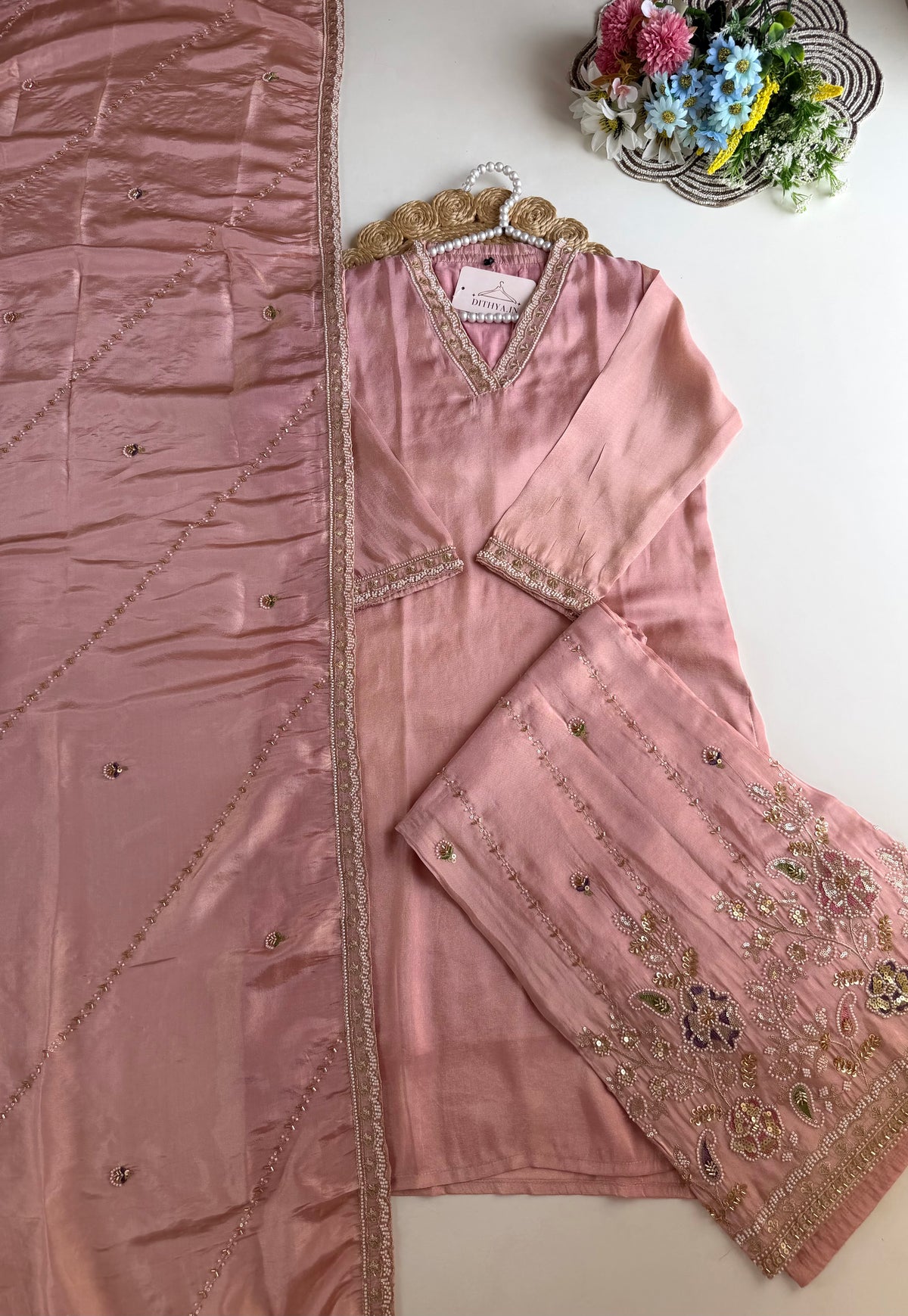 K627 - Tissue silk handwork straight Kurti with pants and dupatta