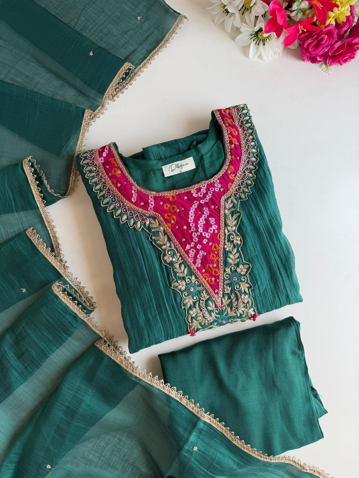 K646 - Mul chanderi bandhini handwork Anarkali with pants and dupatta