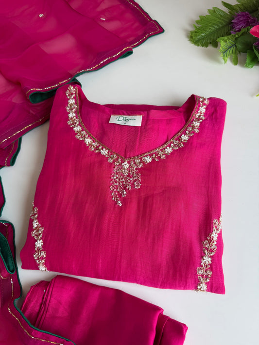 K507 - Mul chanderi handwork aline Kurti with pants and dupatta