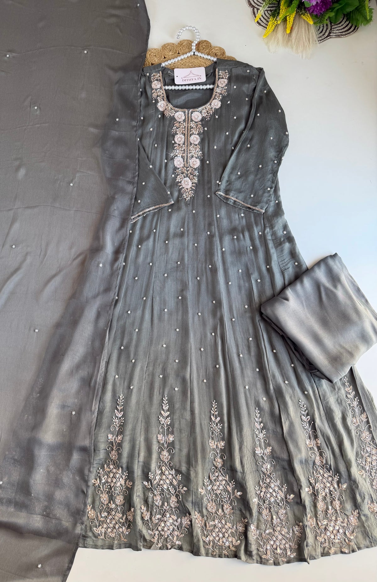 K282 - Chinnon heavy handwork Anarkali with pants and dupatta