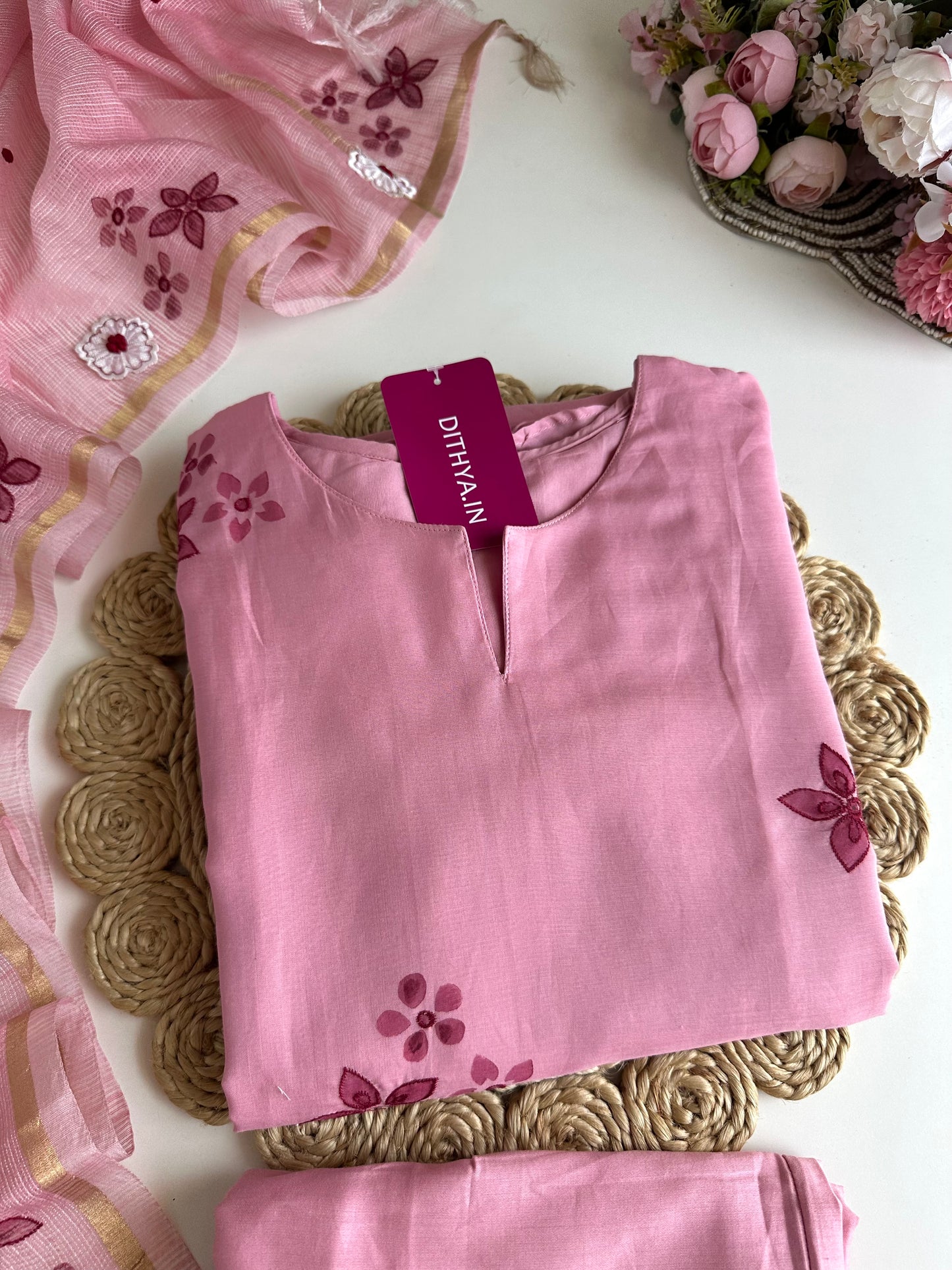 K163 - Mul Chanderi appliqué work Aline Kurti with pants and dupatta