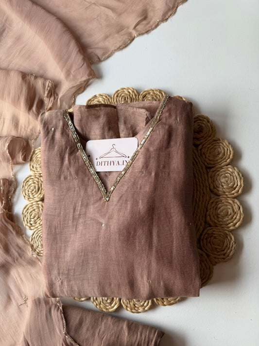 K593 - Mul chanderi handwork aline Kurti with pants and dupatta