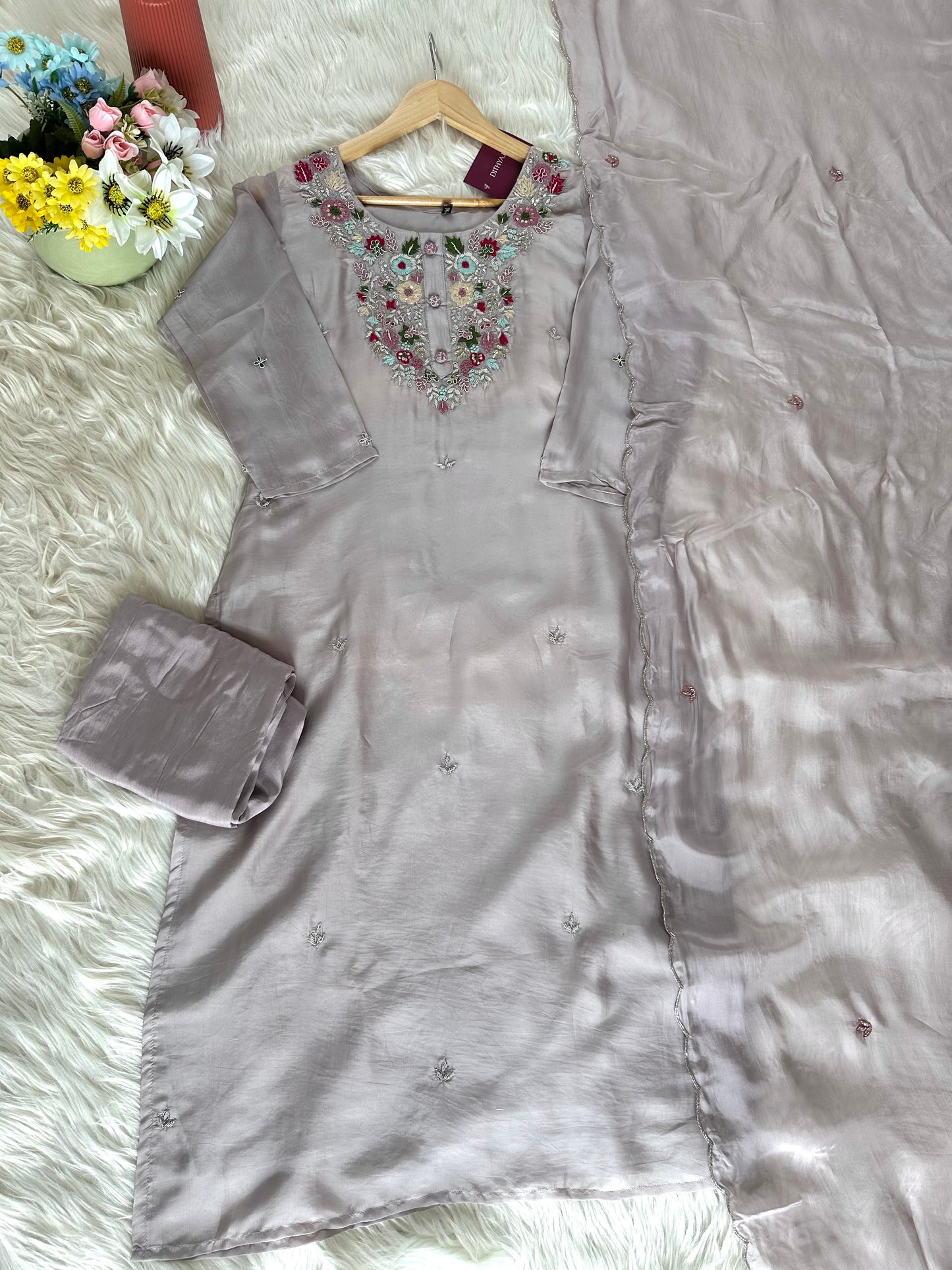 K152 - Viscose organza handwork straight Kurti with pants and dupatta in 2 colours