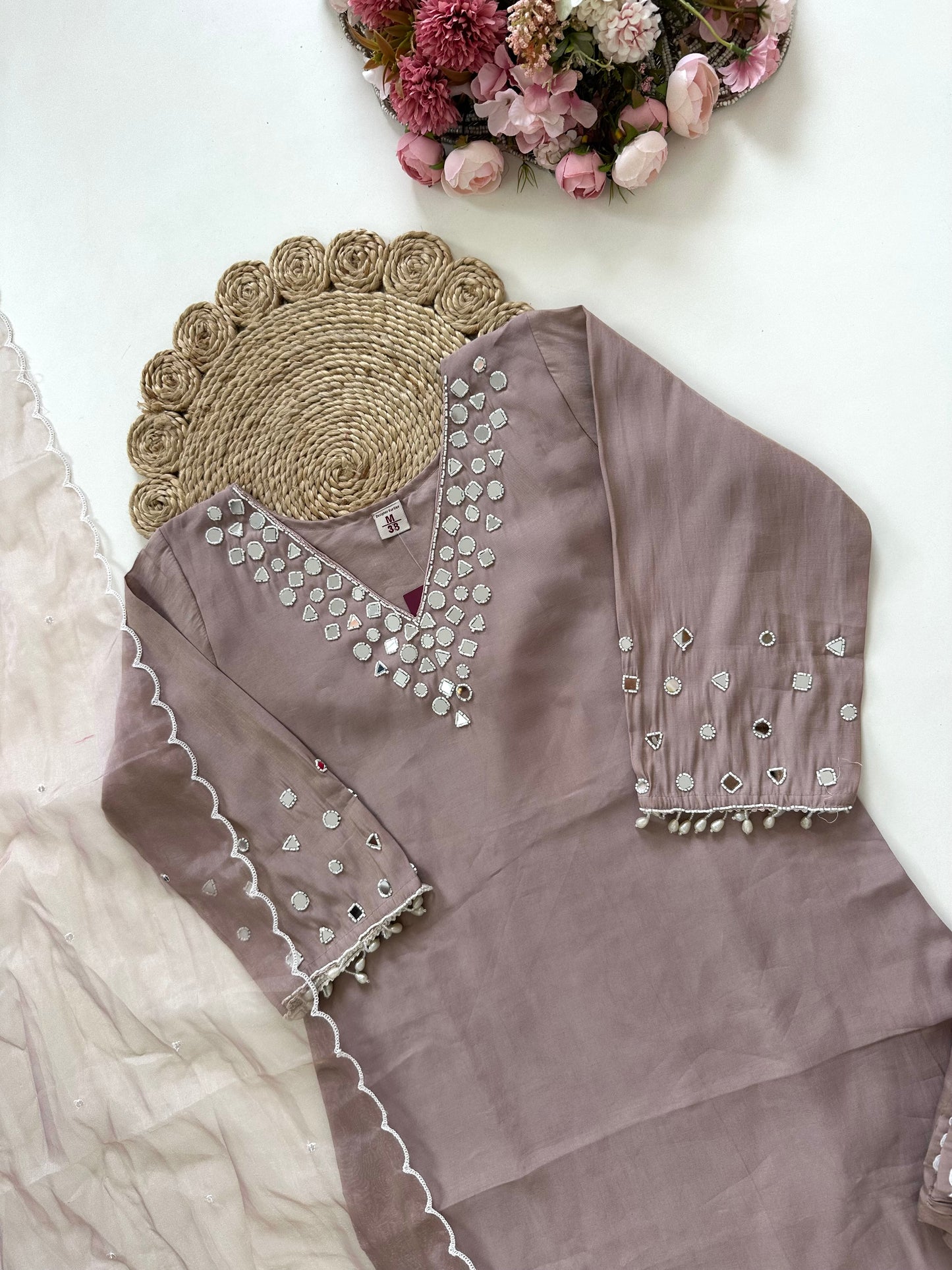 K209 - Shimmer silk mirror work straight Kurti with pants and dupatta in 3 colours