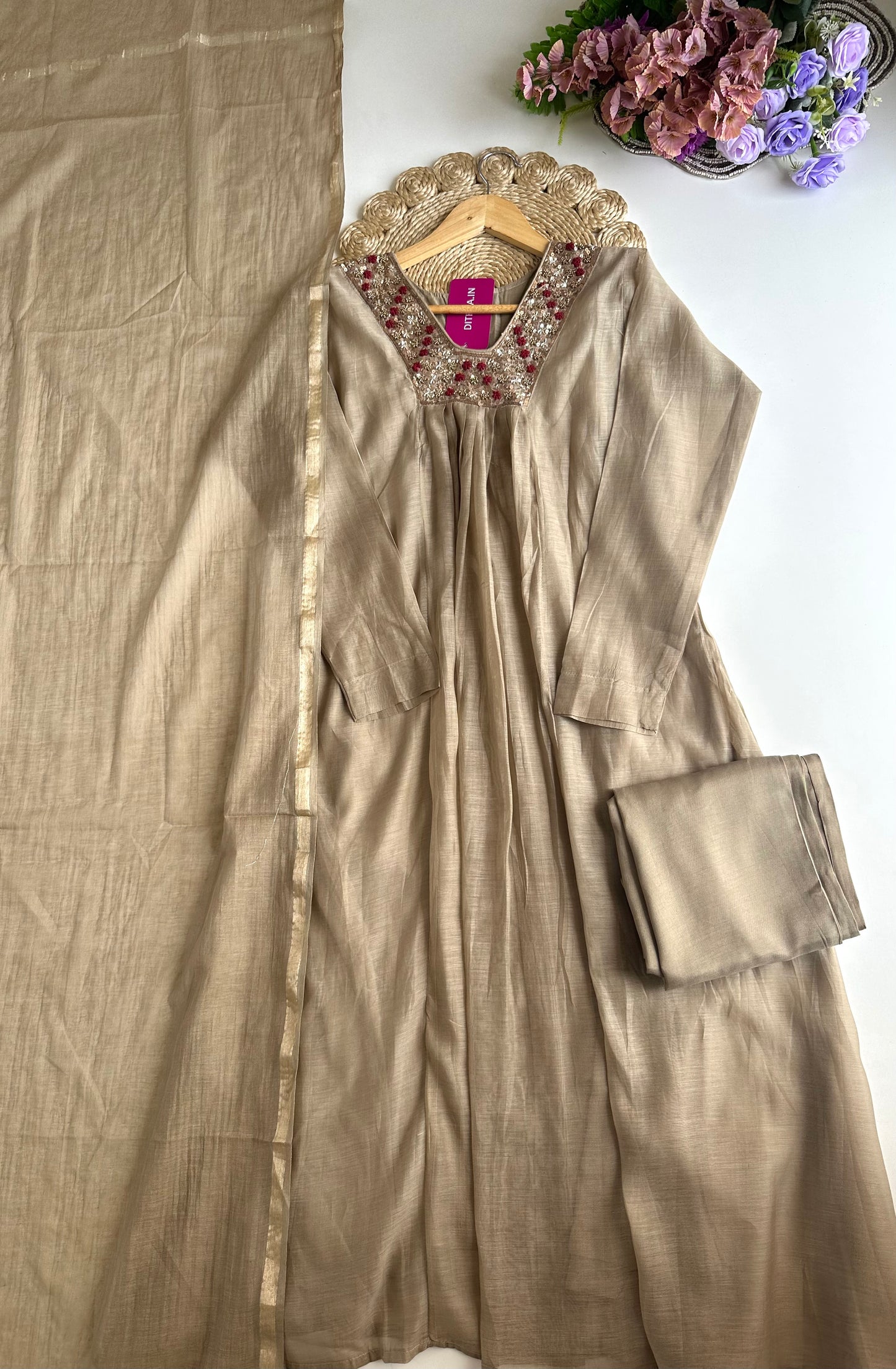 K347 - Mul Chanderi handwork Anarkali with pants and dupatta