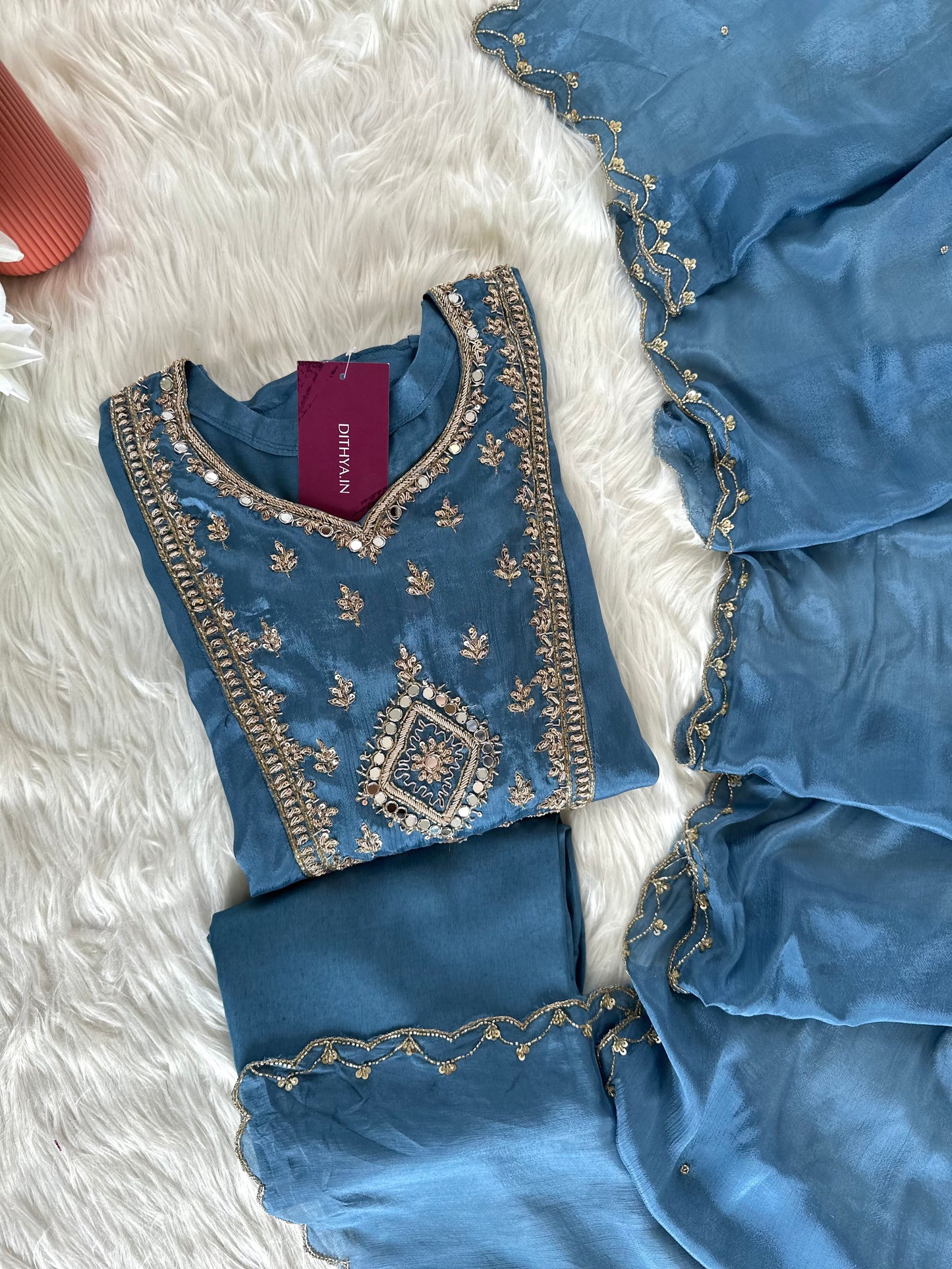 K399 - Handwork Chinnon Anarkali with pants and dupatta in 2 colour
