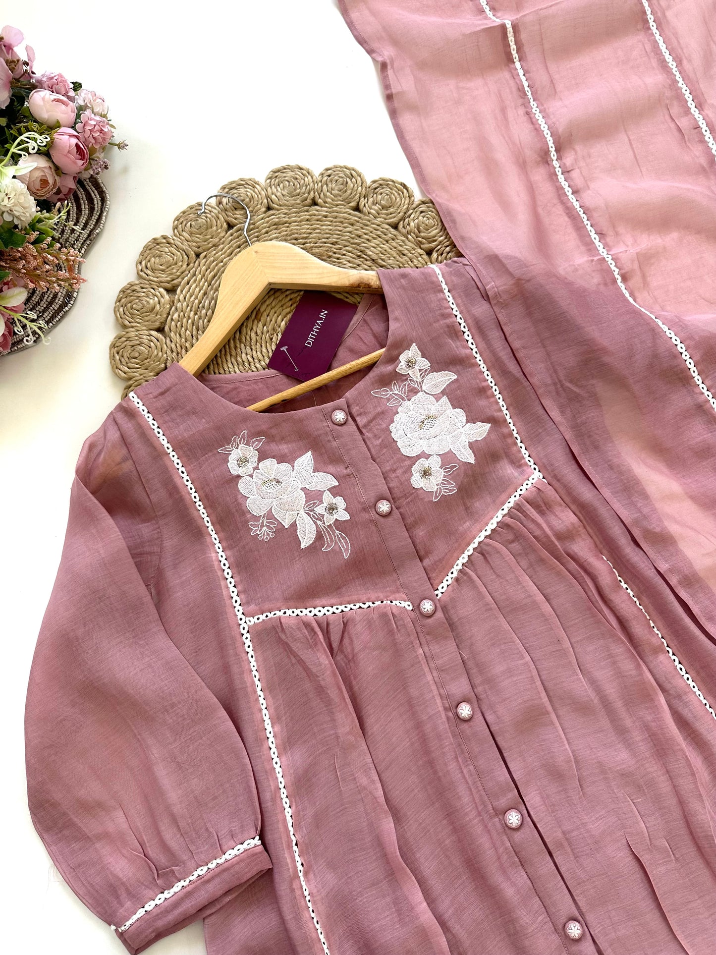 K060 - Mul Chanderi hand embroidered Aline Kurti with pants and dupatta