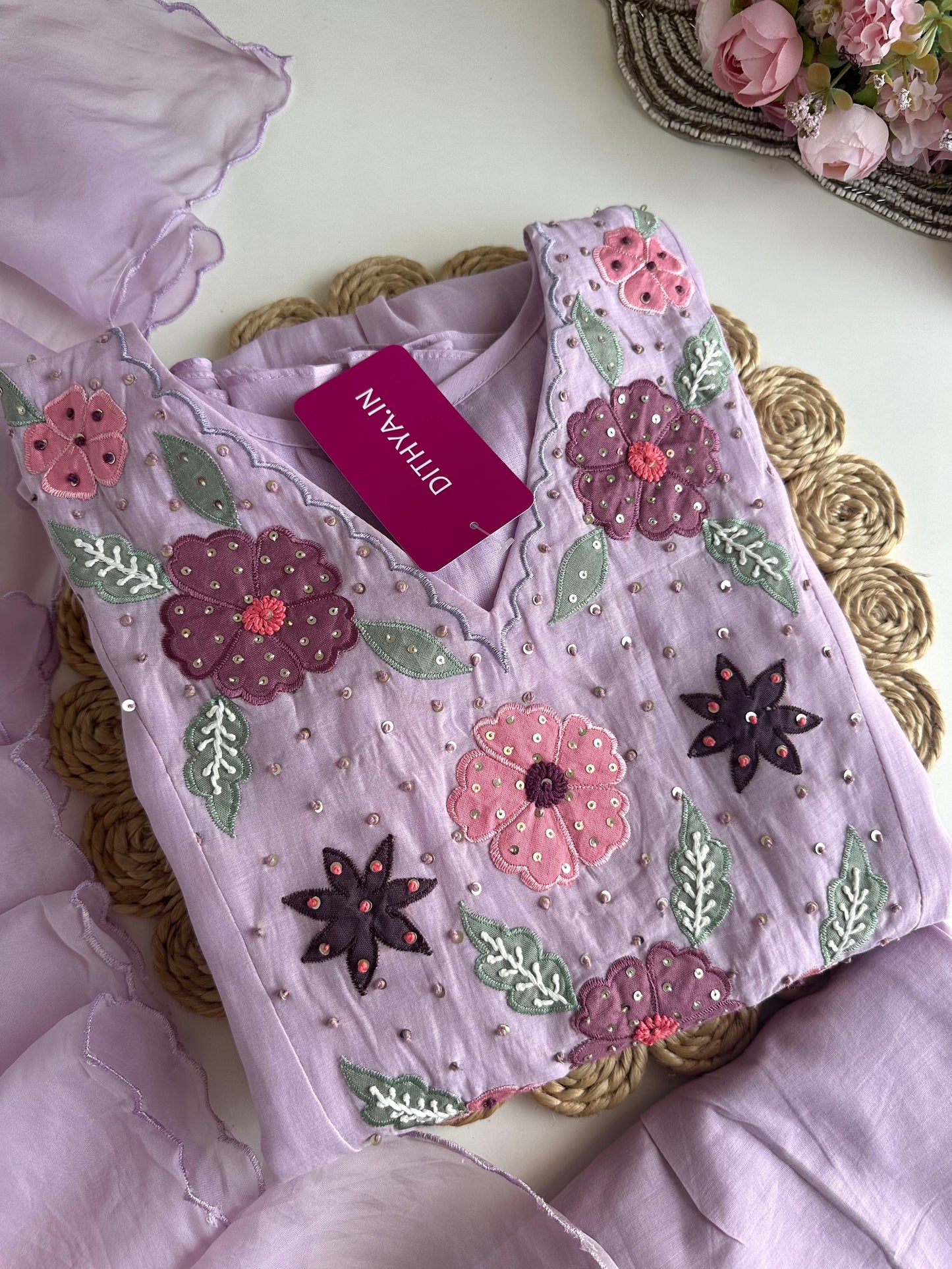 K082 - Mul Chanderi appliqué work Aline Kurti with pants and dupatta