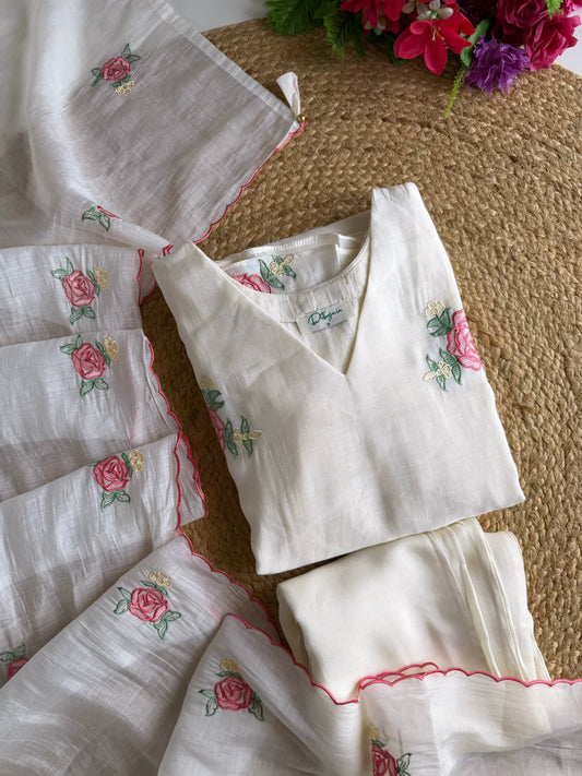 K429 - Surat Mul chanderi embroidered Aline Kurti with pants and dupatta
