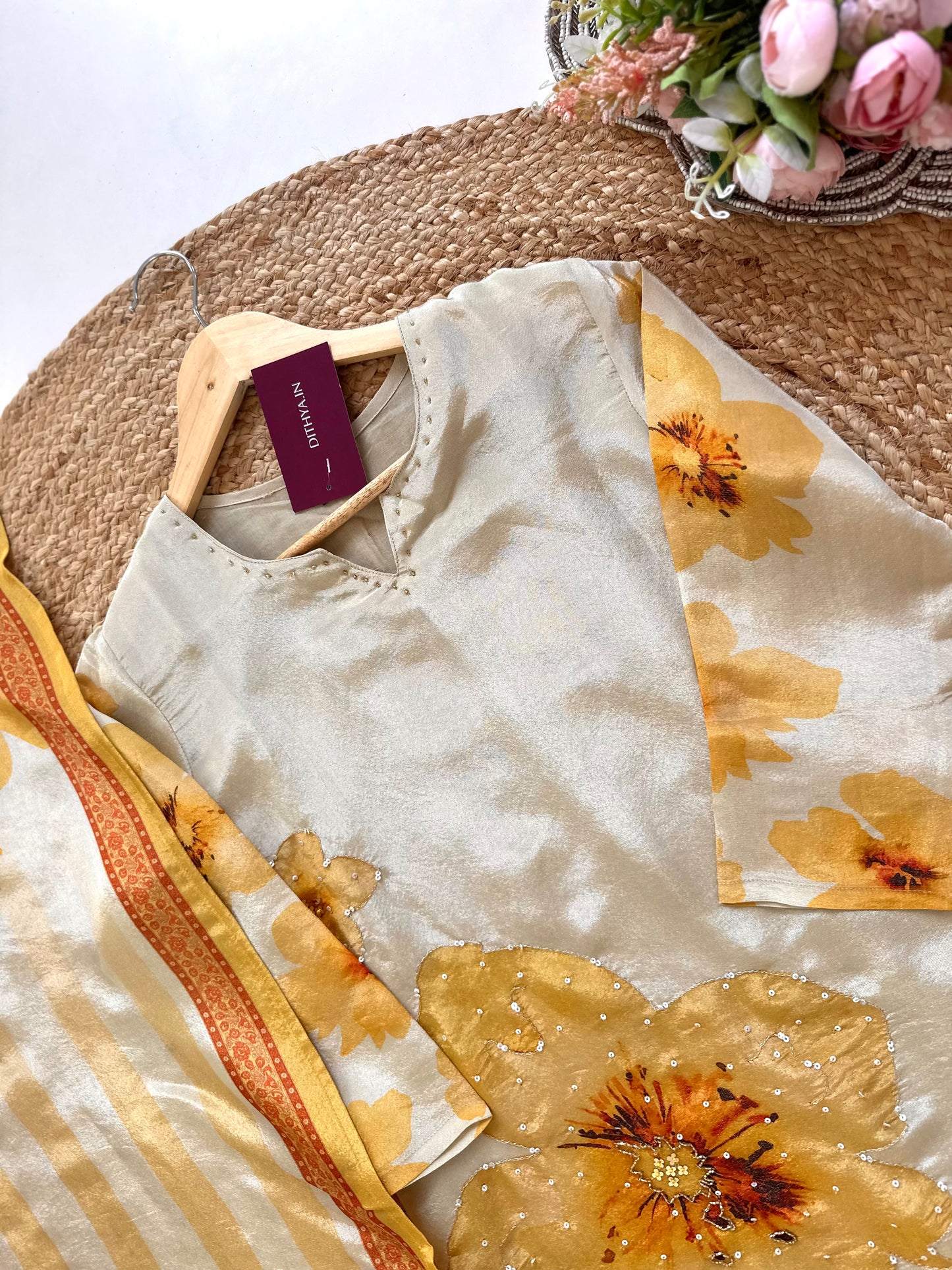 K036 - Tissue silk floral straight kurti with pants and dupatta .
