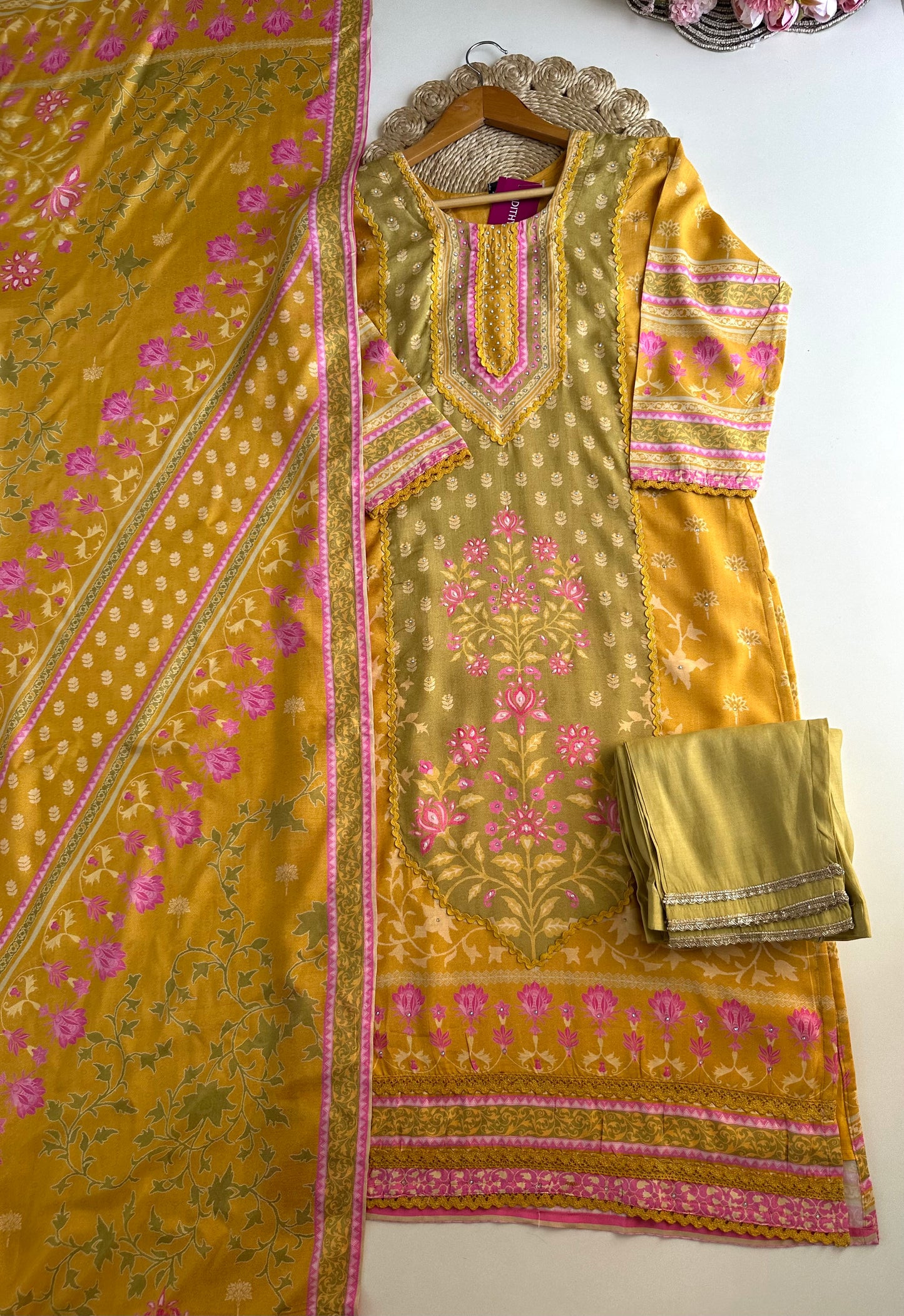 K382 - Muslin printed straight Kurti with pants and dupatta