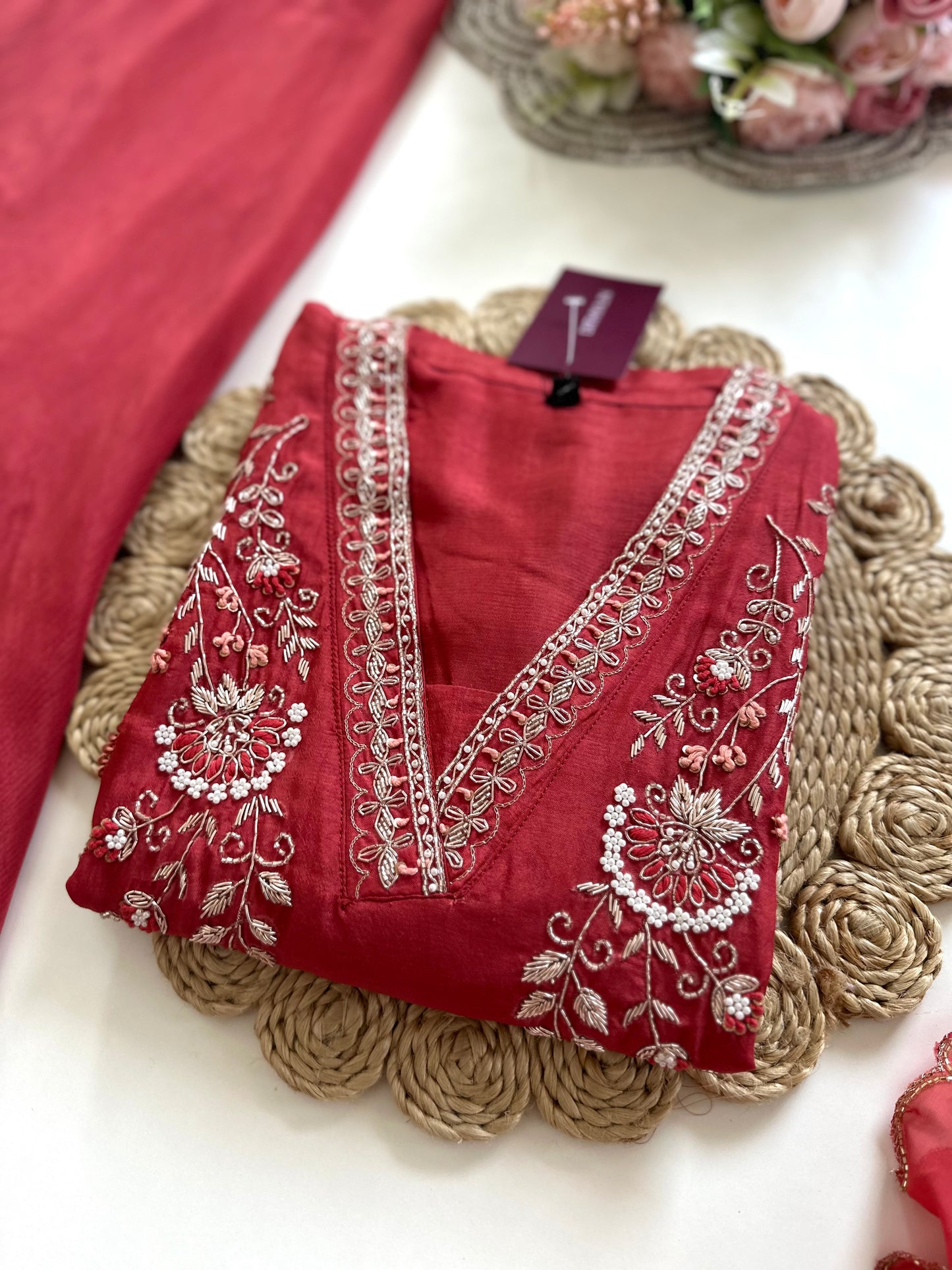 K242 - Handwork Russian silk short kurti with palazzo and dupatta.